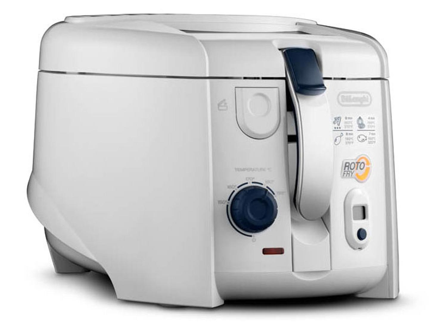 Friggitrice bianca. Ha un quadrante e una maniglia. Il marchio è Delonghi.