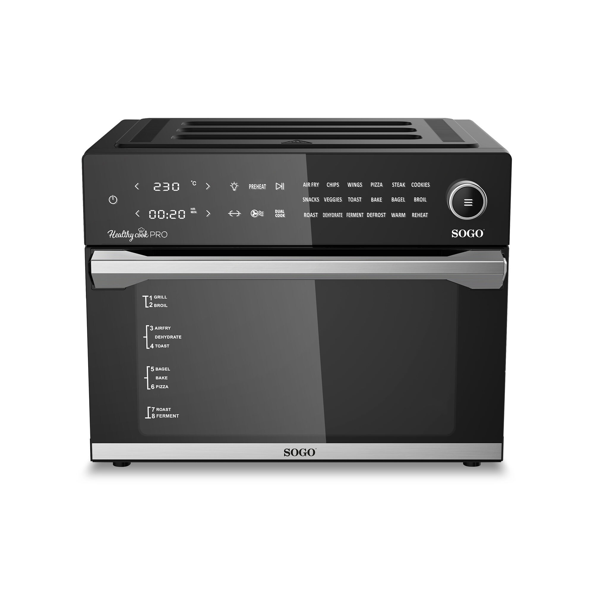 Friggitrice ad aria nera con display digitale e pulsanti. Ha opzioni di funzioni di cottura.