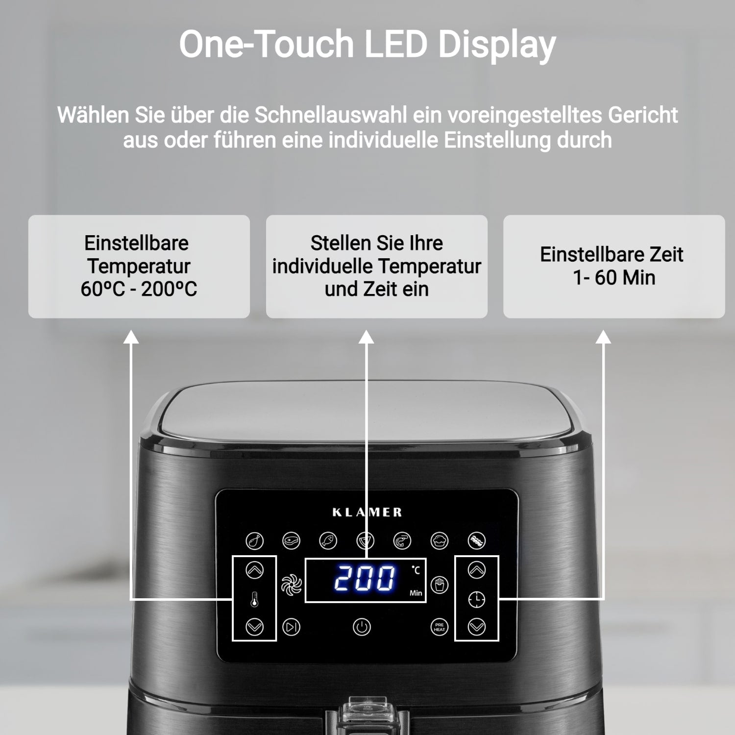 Schwarze Heißluftfritteuse mit LED-Anzeige, Text, Temperatur- und Zeiteinstellungen.