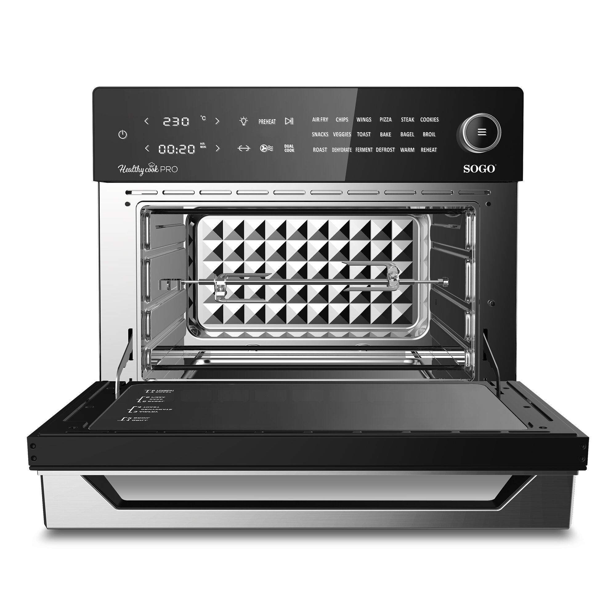 Forno friggitrice ad aria nero e argento con porta aperta, che mostra un vassoio.