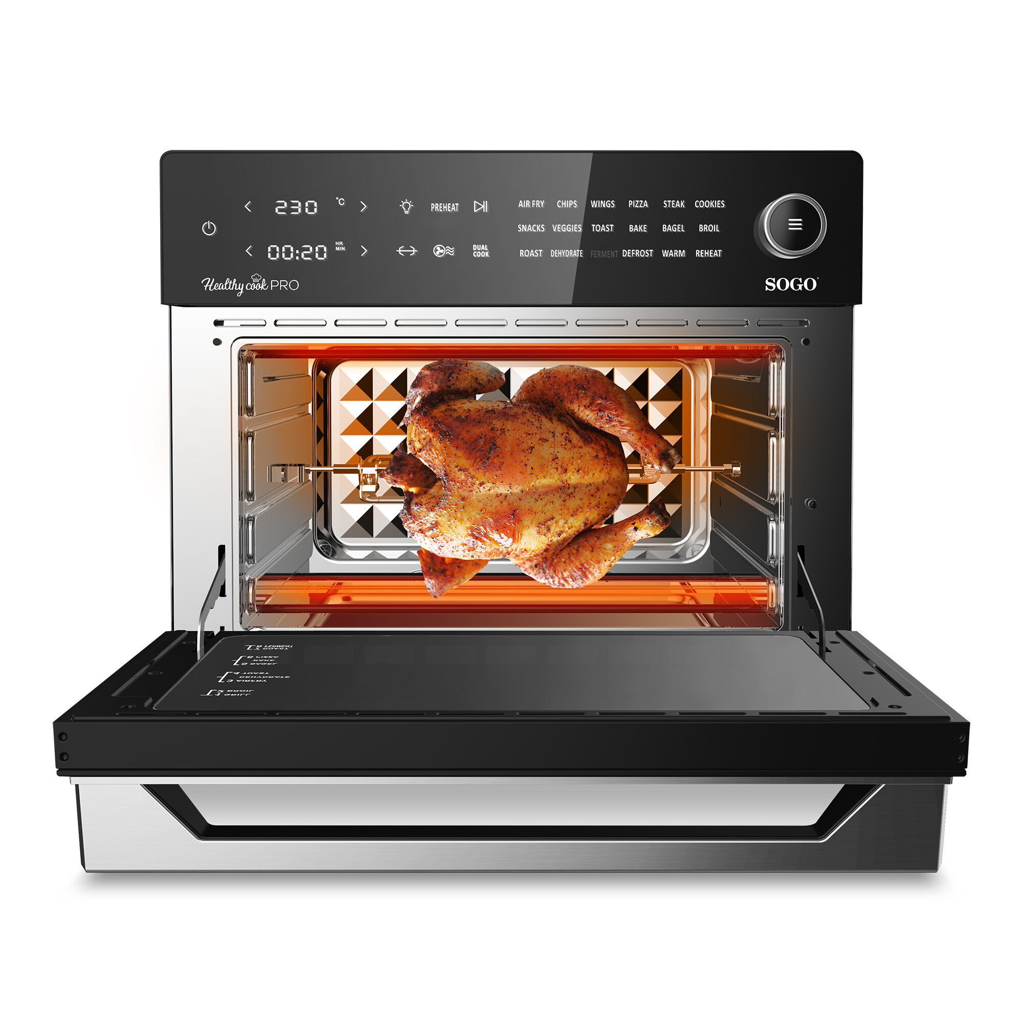 Un forno Healthy Cook Pro nero e argento con un pollo arrosto all'interno e la porta aperta.