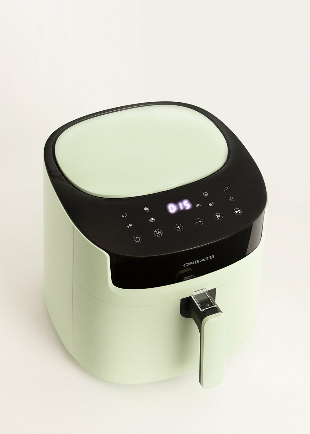 Zielona i czarna frytownica powietrzna z wyświetlaczem cyfrowym i przyciskami sterowania.