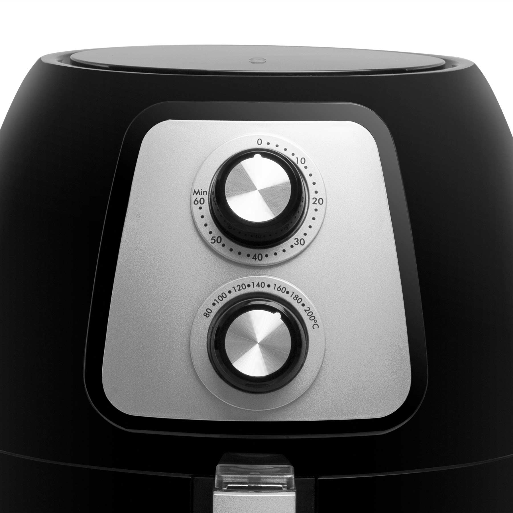 Czarna frytownica powietrzna z dwoma pokrętłami i srebrnym panelem z przodu.