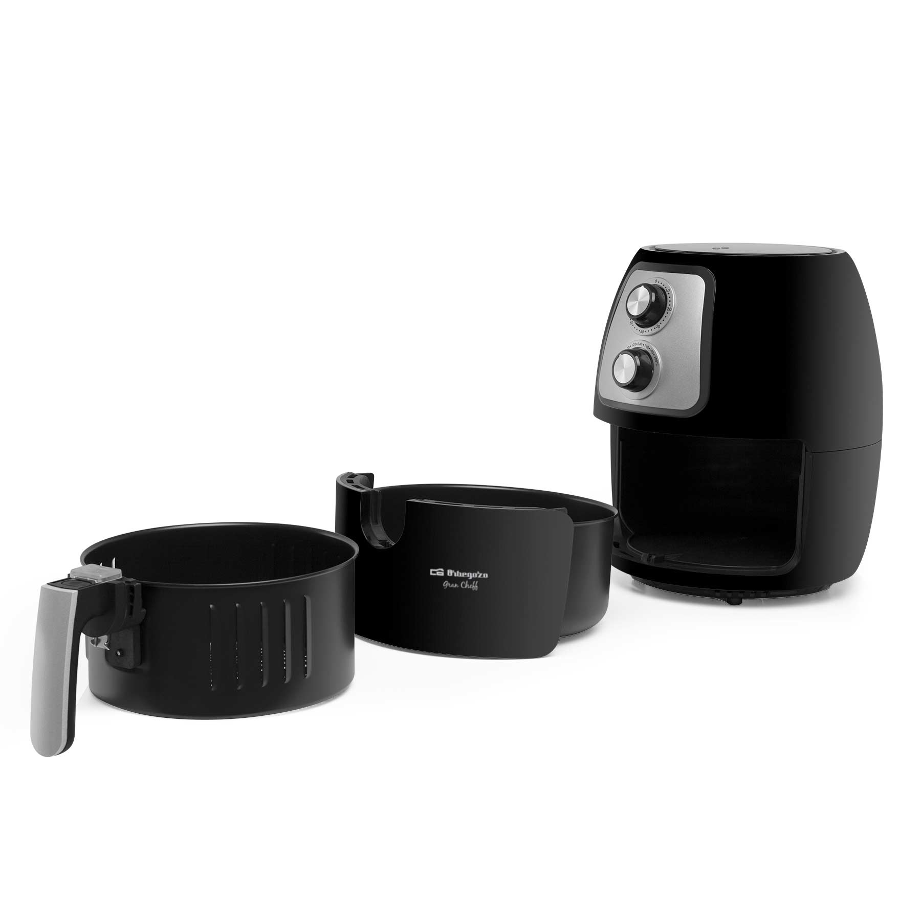 Czarna frytkownica powietrzna z wyjmowanym koszem, pojemnikiem i panelem sterowania.