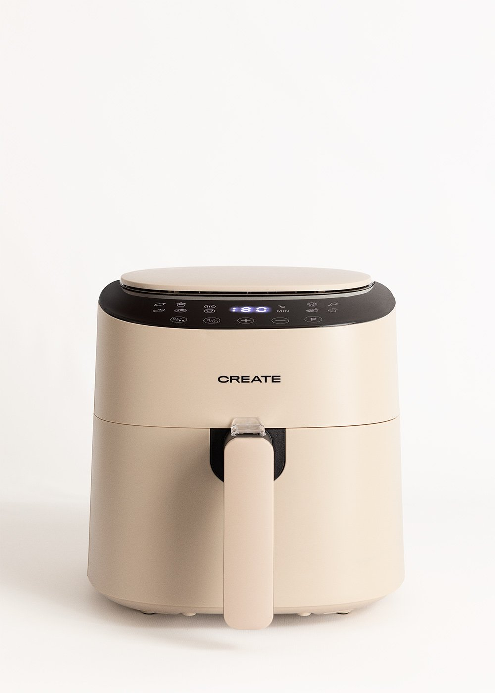 Beige Heißluftfritteuse, Marke CREATE, auf weißem Hintergrund. Schlichtes Design.