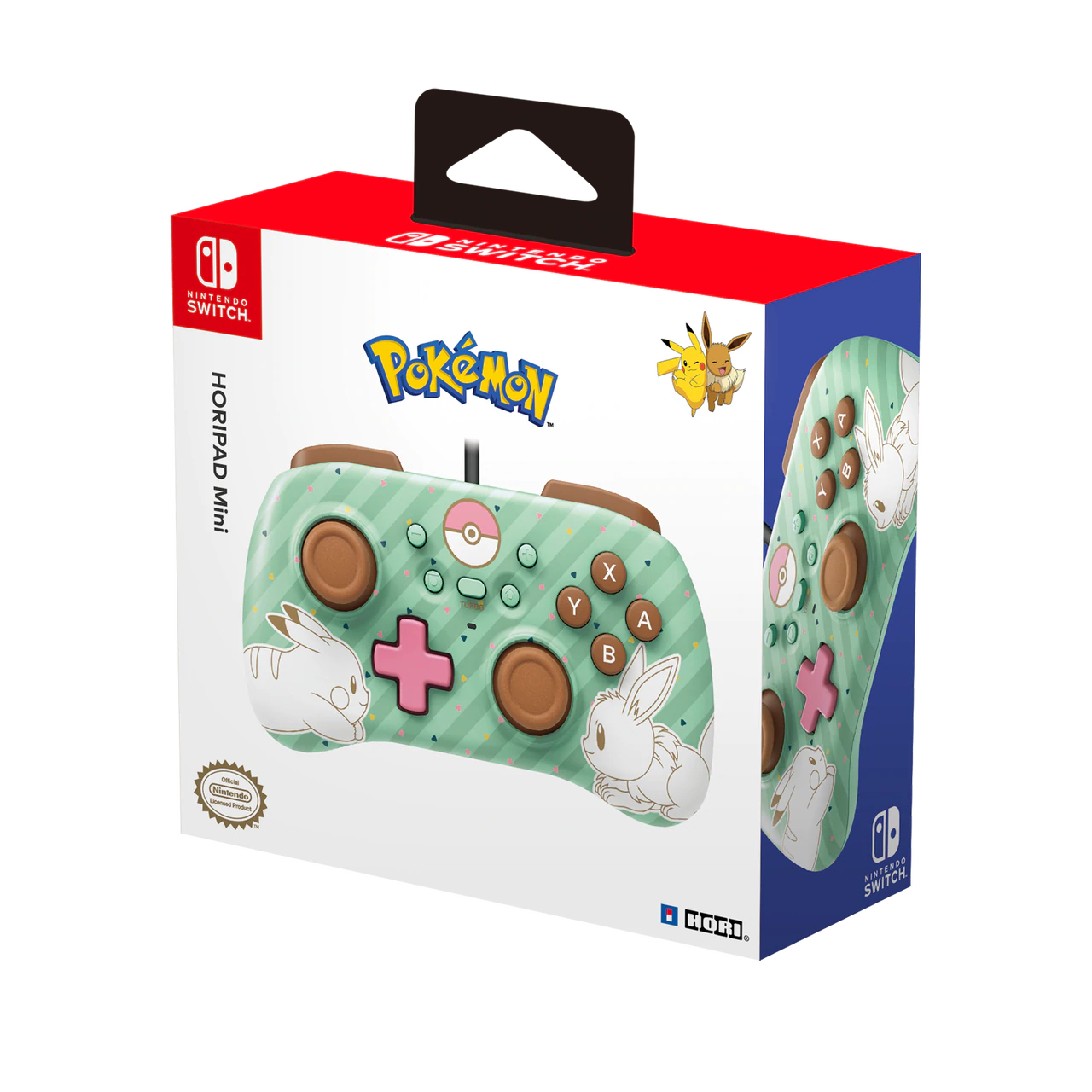 Kontroler Nintendo Switch HORIPAD Mini w pudełku. Motyw i kolorystyka Pokémon.