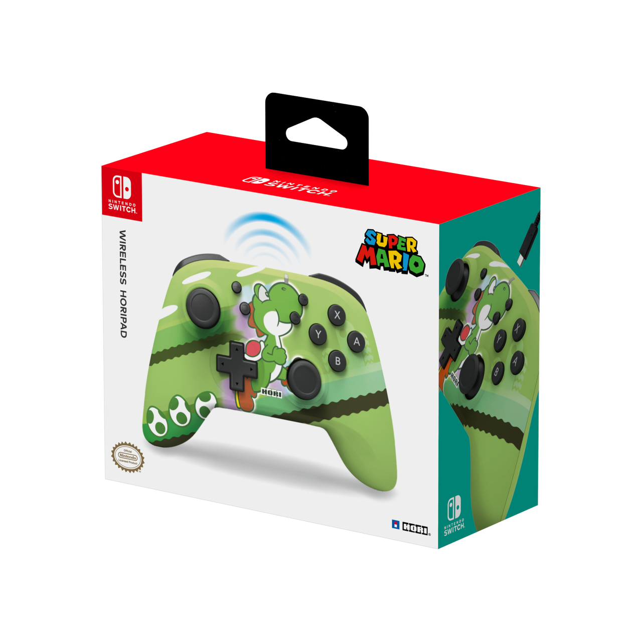 Ein grüner Nintendo Switch Controller im Yoshi-Design in einer Box, weißer Hintergrund.