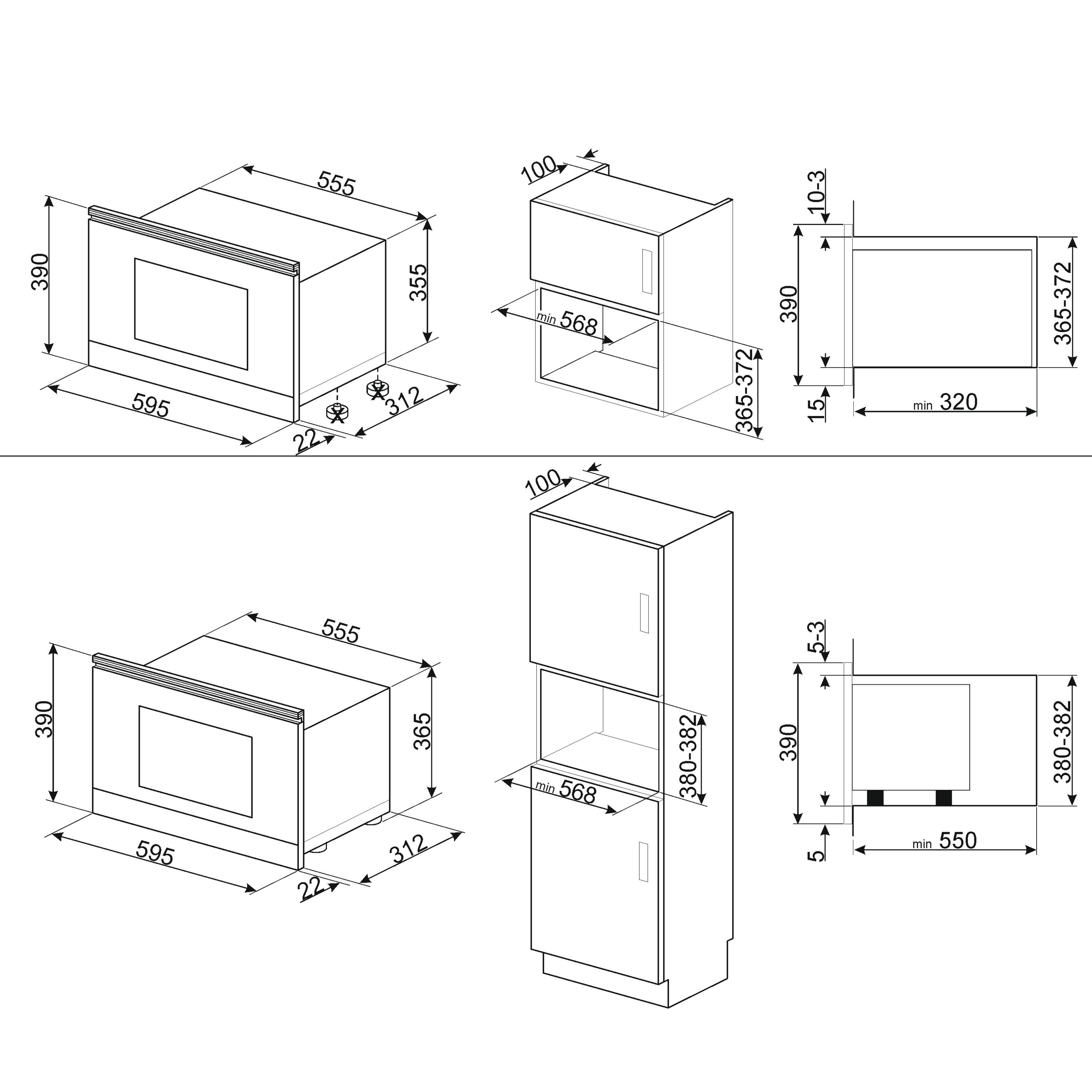 Diagramas isométricos de electrodomésticos con medidas. Líneas y dimensiones muestran el tamaño del producto.