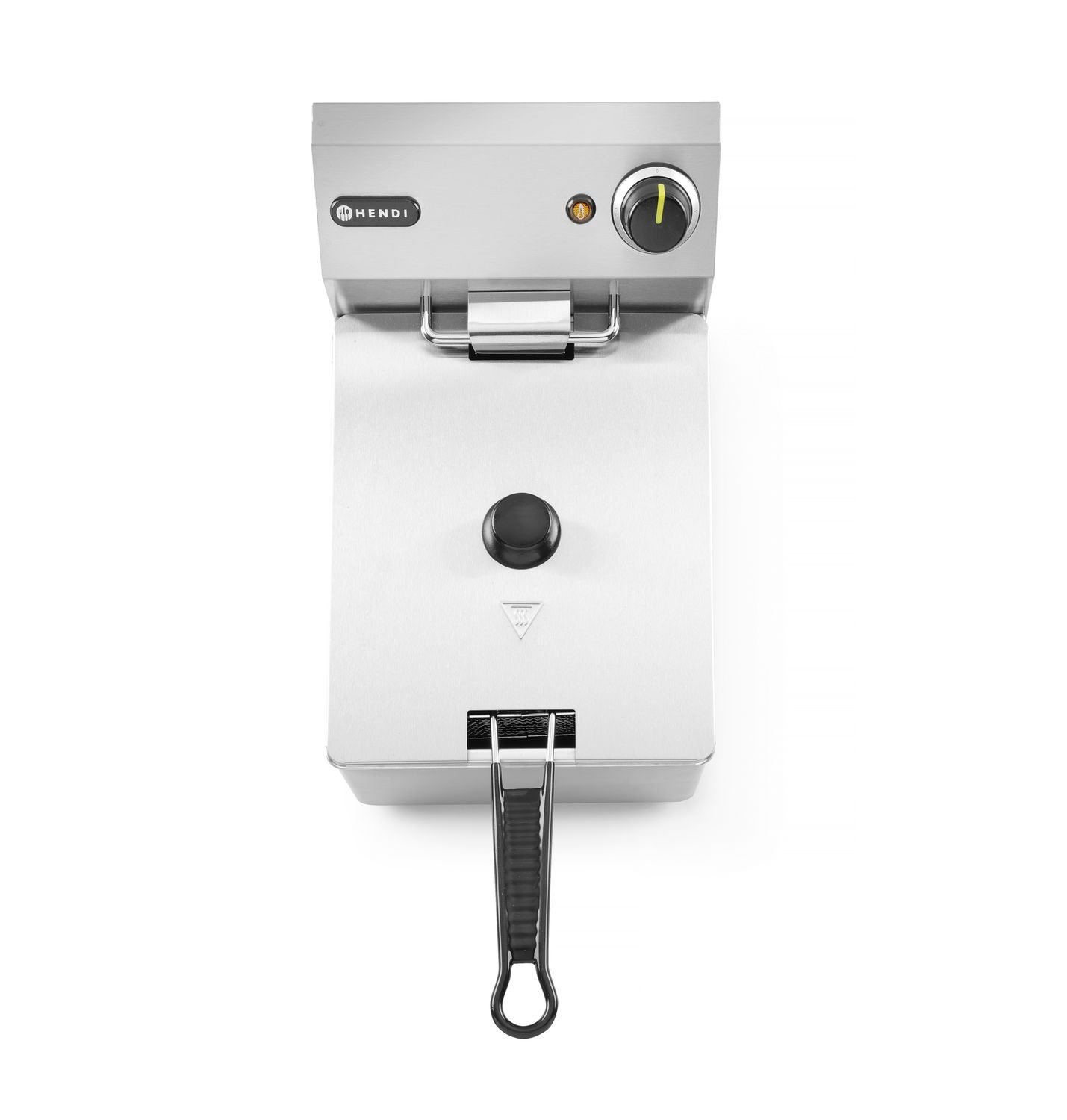 Frytownica ze stali nierdzewnej, widok z góry, z uchwytem i pokrętłem.