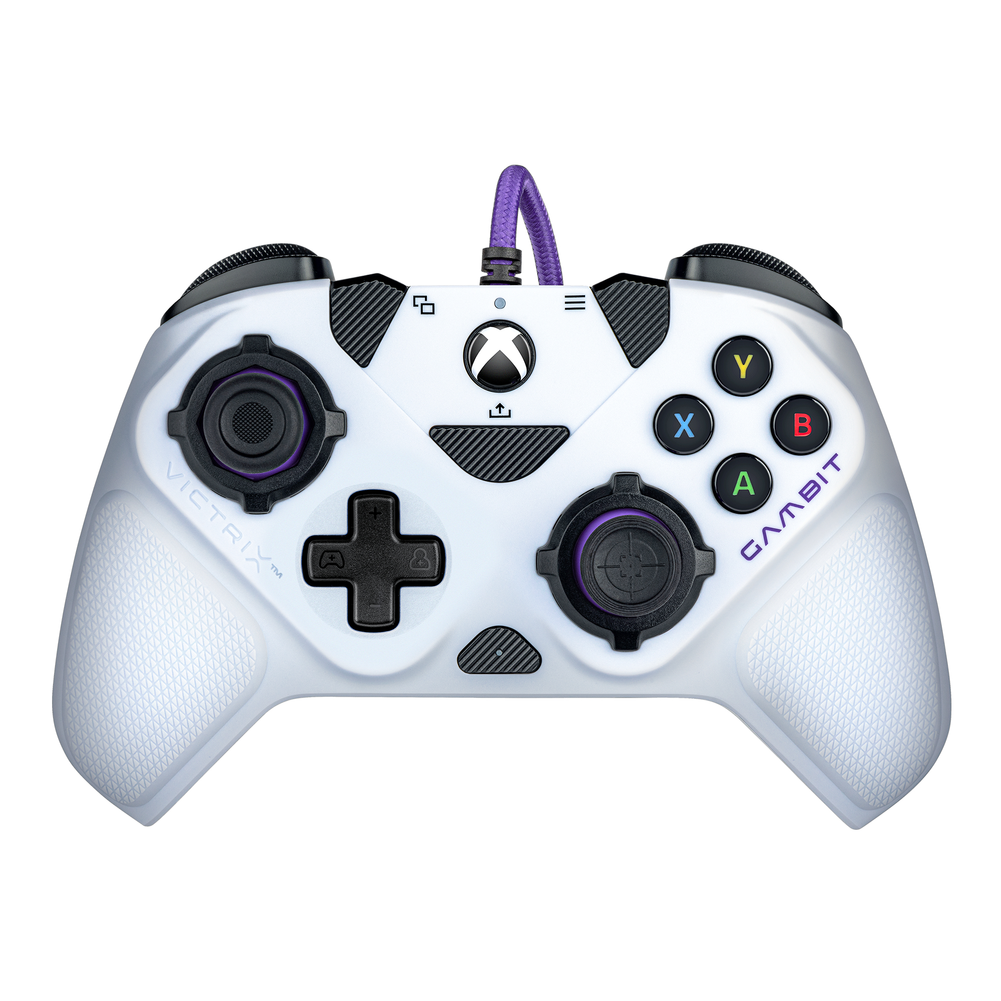 Controller Xbox bianco con dettagli viola, pulsanti ed etichetta Victrix Gambit.