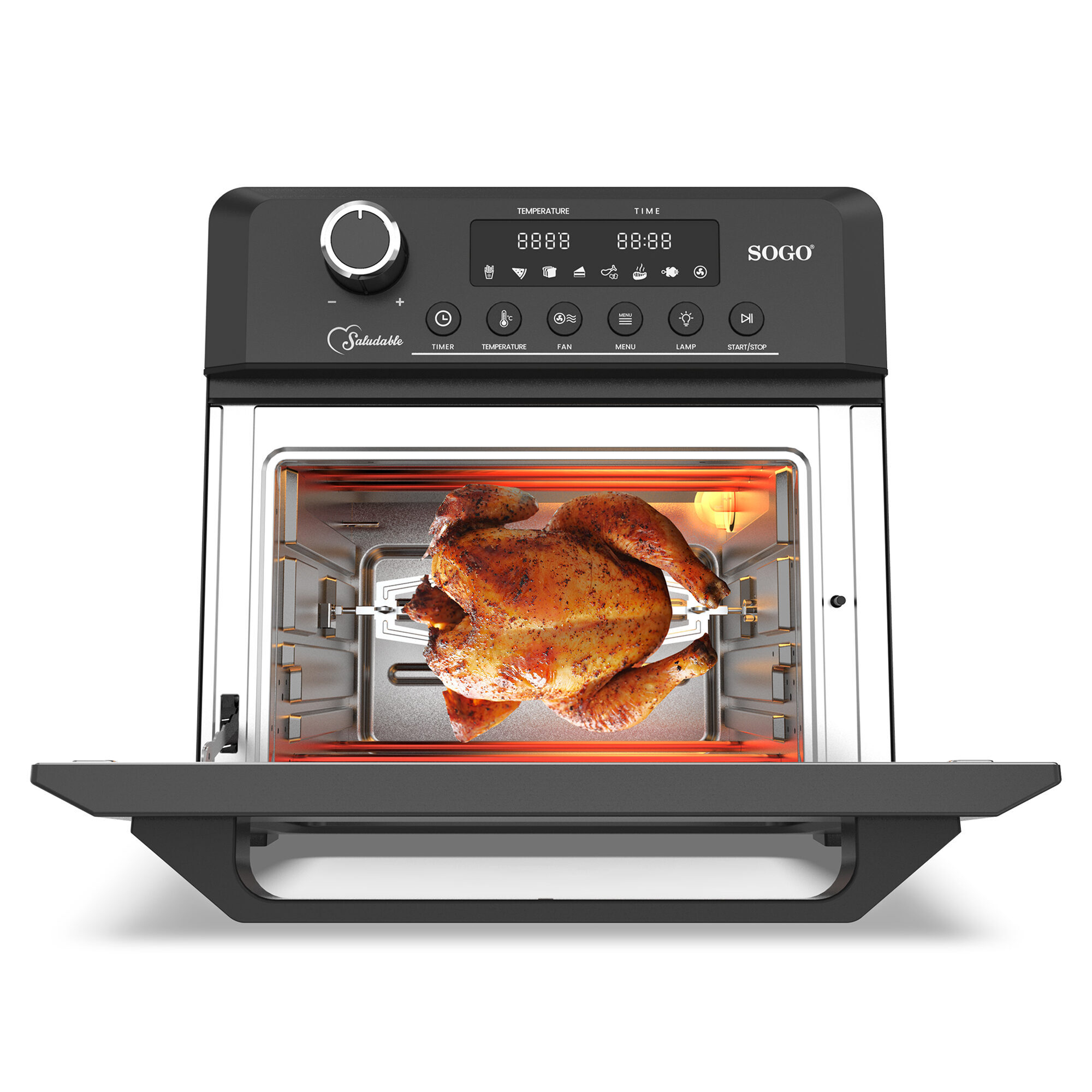 Pollo arrosto in un forno friggitrice ad aria nero.