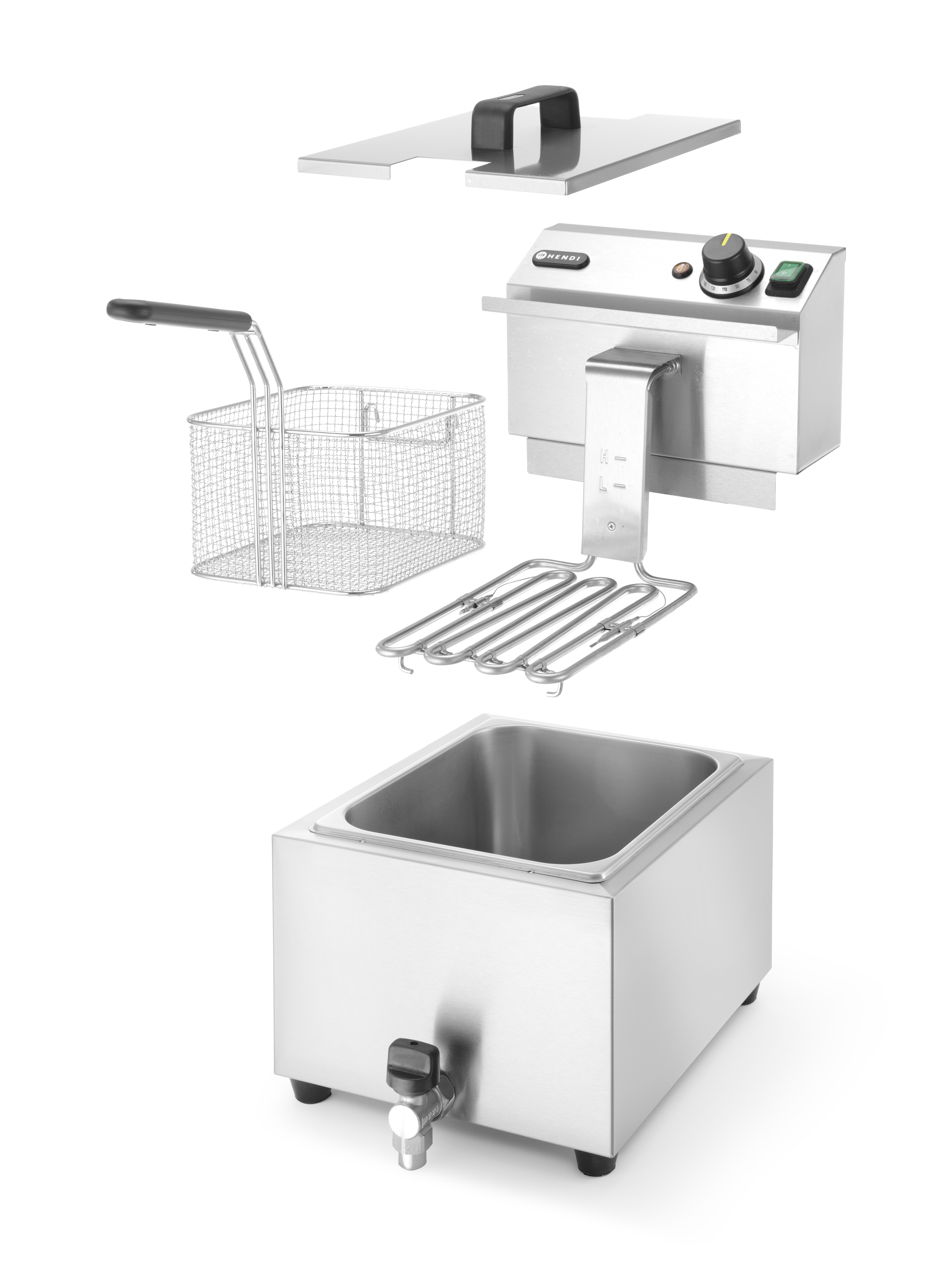 Zerlegter gewerblicher Fritteuse mit Komponenten: Korb, Tank, Deckel und Bedienfeld.