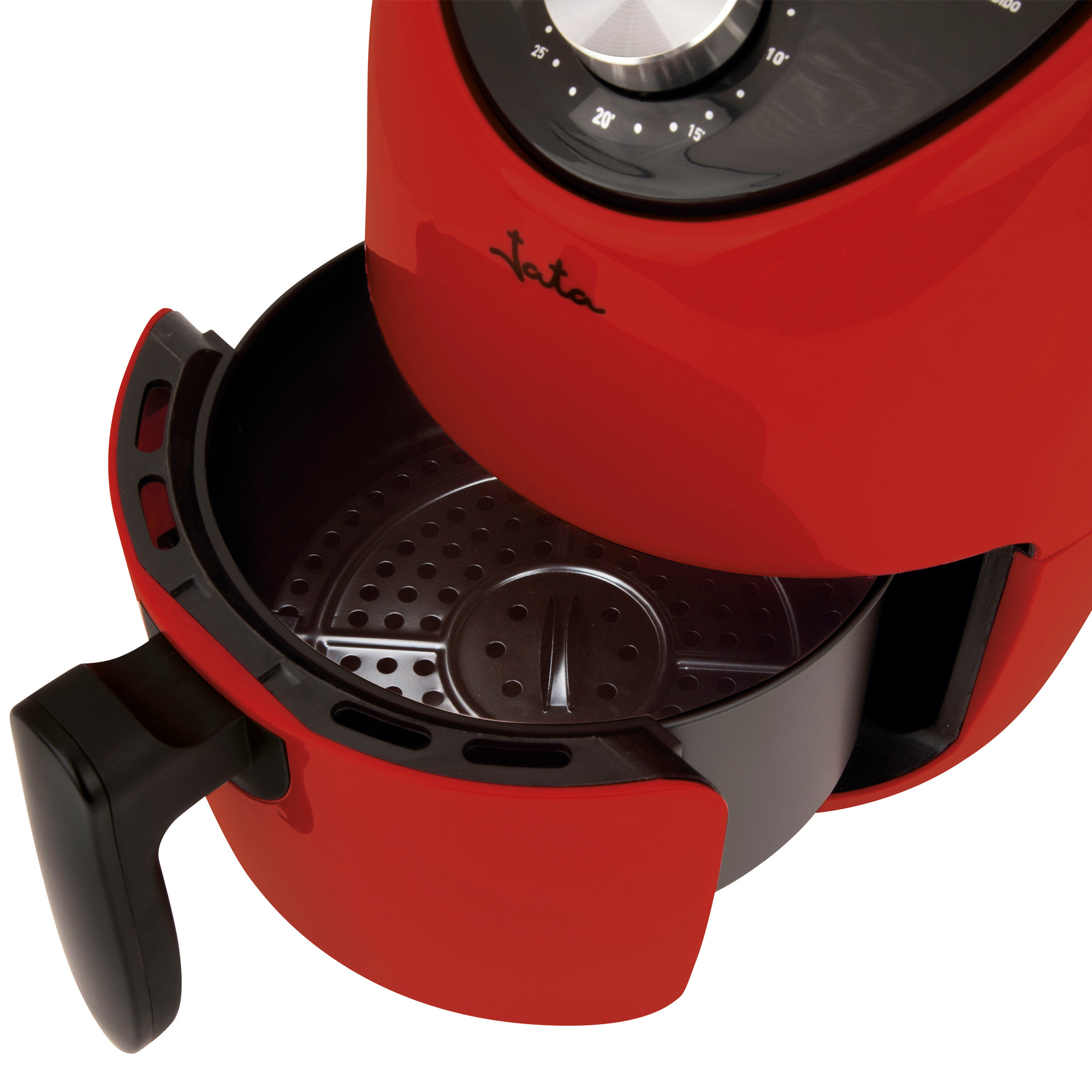 Freidora de aire roja con cesta abierta. Mango negro y panel de control visibles.