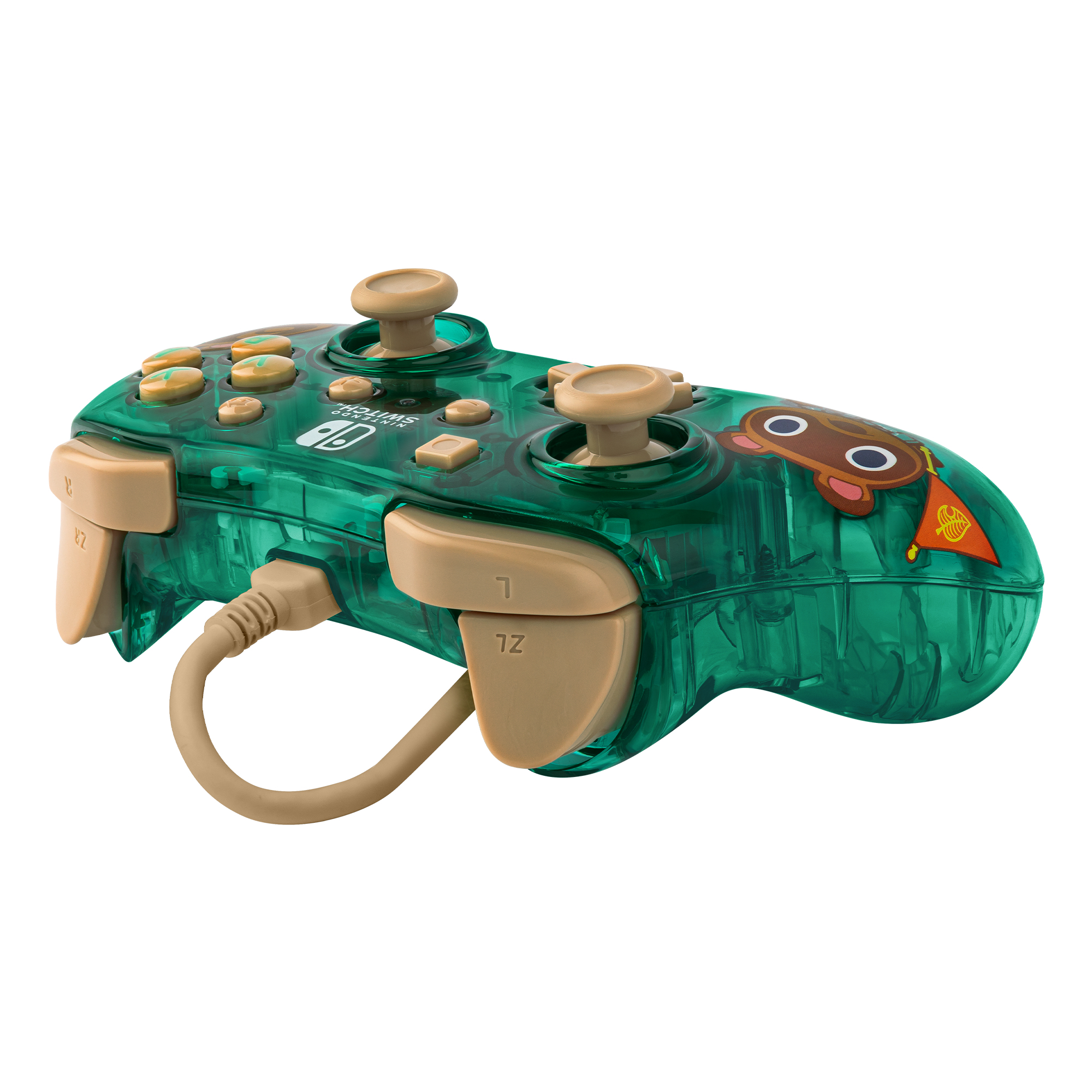 Zielono-beżowy kontroler do gier z wieloma przyciskami i dwoma joystickami. Widoczna jest postać z kreskówki.