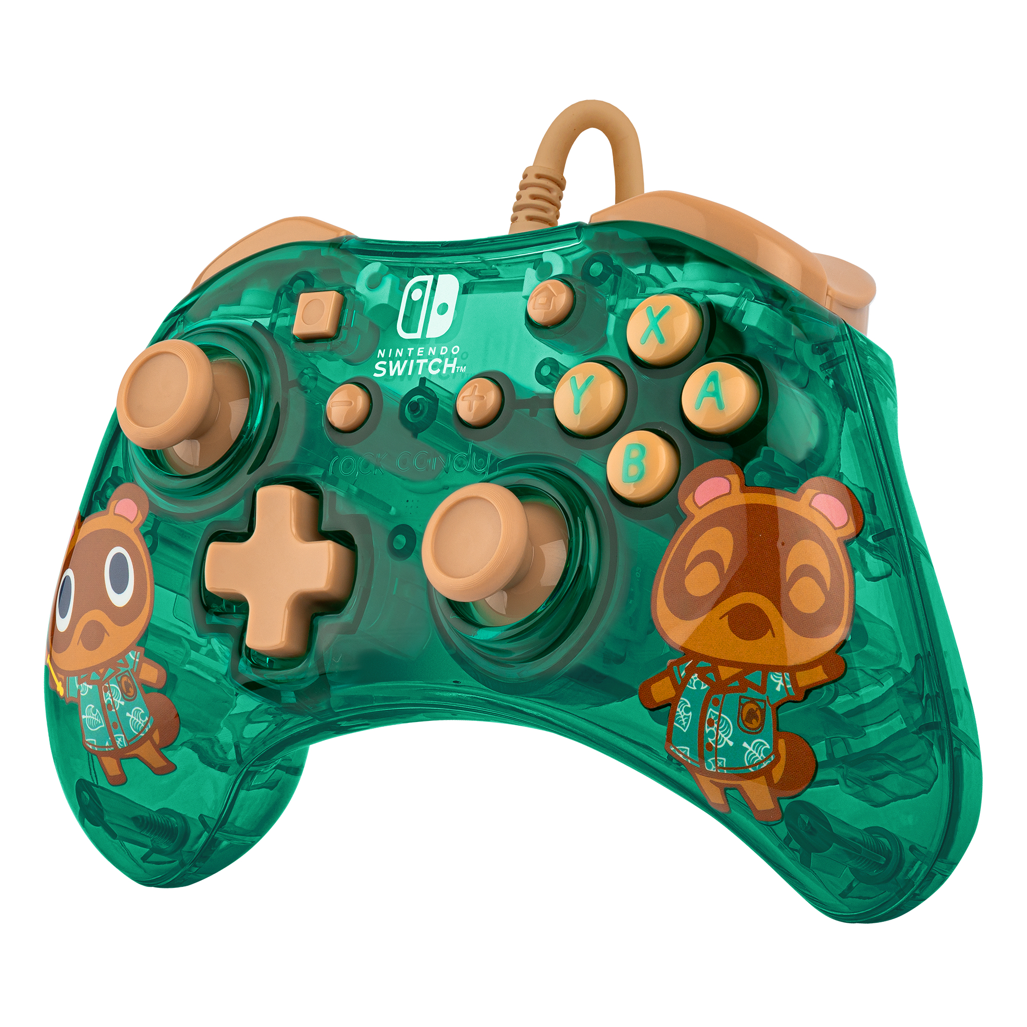 Zielony kontroler Nintendo Switch z beżowymi akcentami. Dwie postacie zwierząt na kontrolerze.