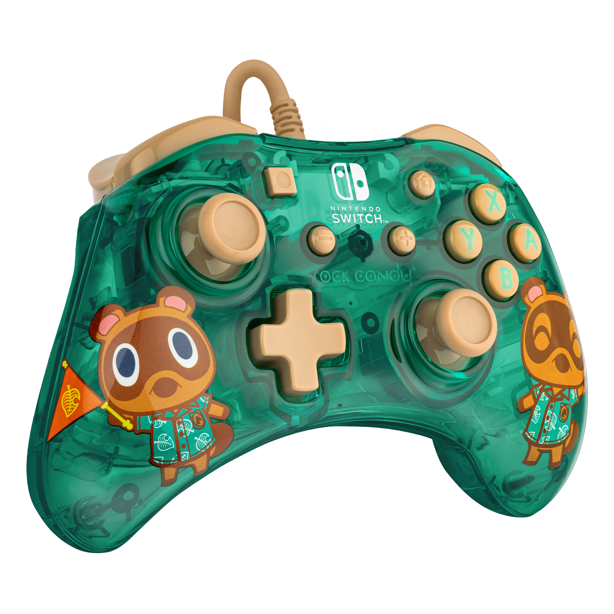Zielony kontroler Nintendo Switch Animal Crossing z postaciami Toma Nooka. Beżowe przyciski.