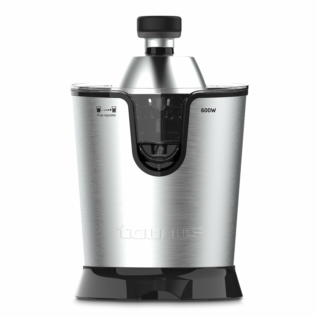 Srebrno-czarna wyciskarka do soku z czarną podstawą, białym tłem i nazwą marki.