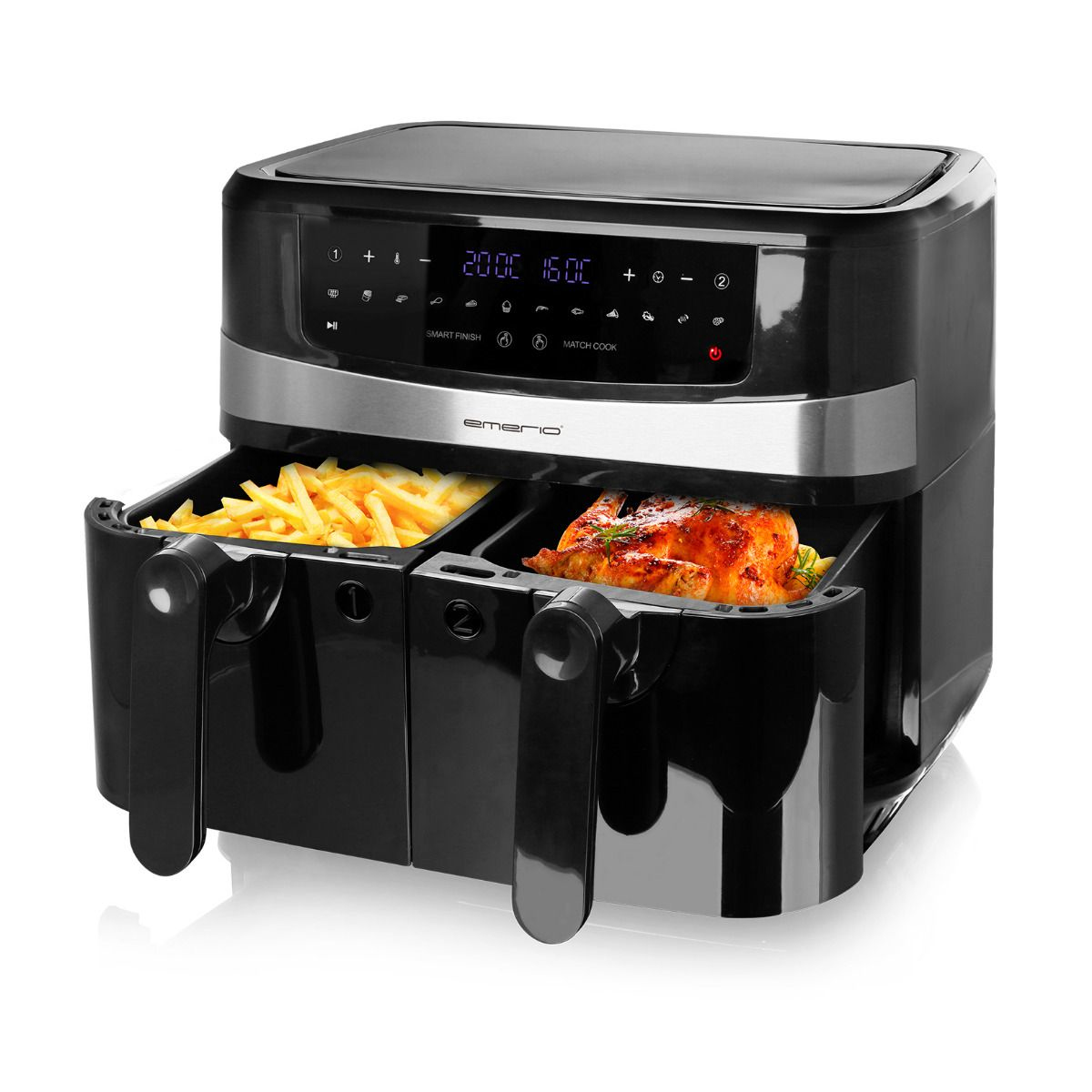 Czarna frytkownica beztłuszczowa z dwoma koszami, z jedzeniem i wyświetlaczem cyfrowym.