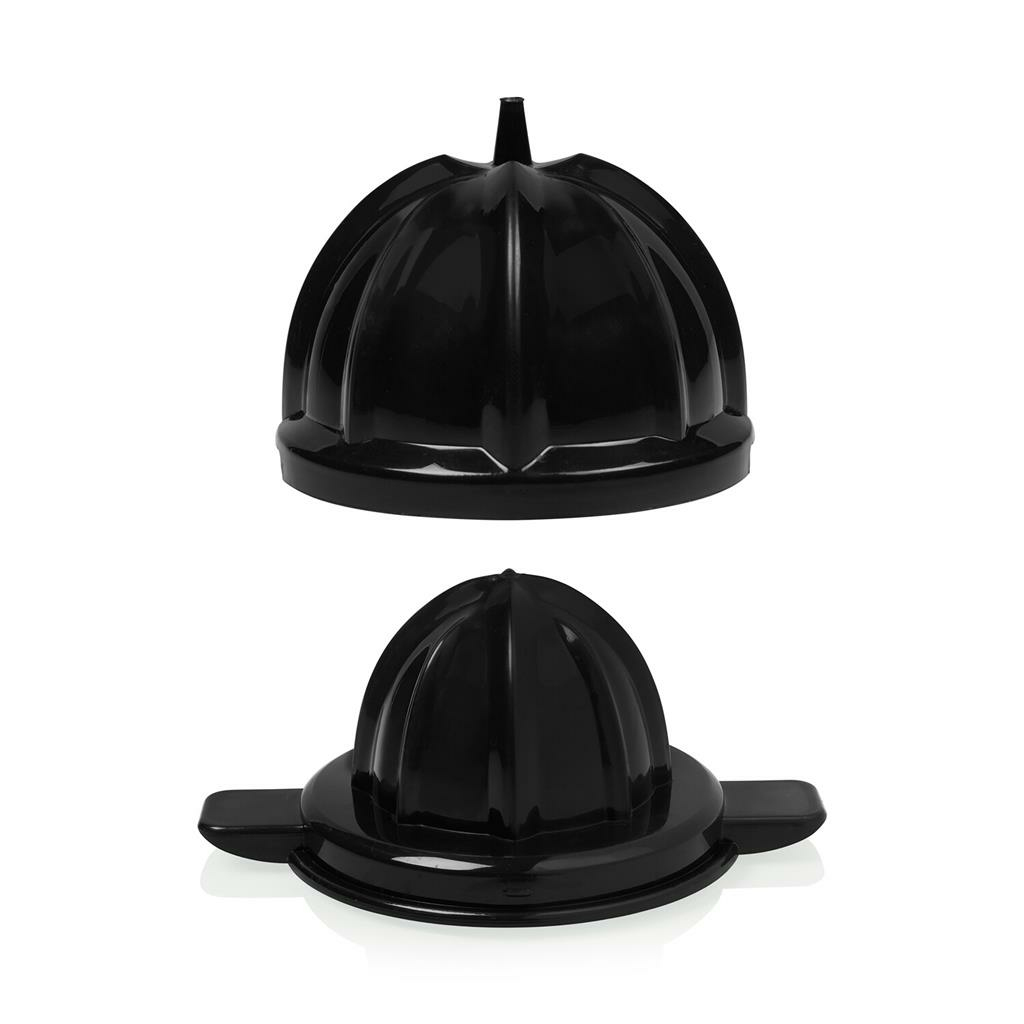 Dos escariadores de exprimidor negros. Uno está ensamblado. Ambos tienen diseño acanalado y forma redonda.