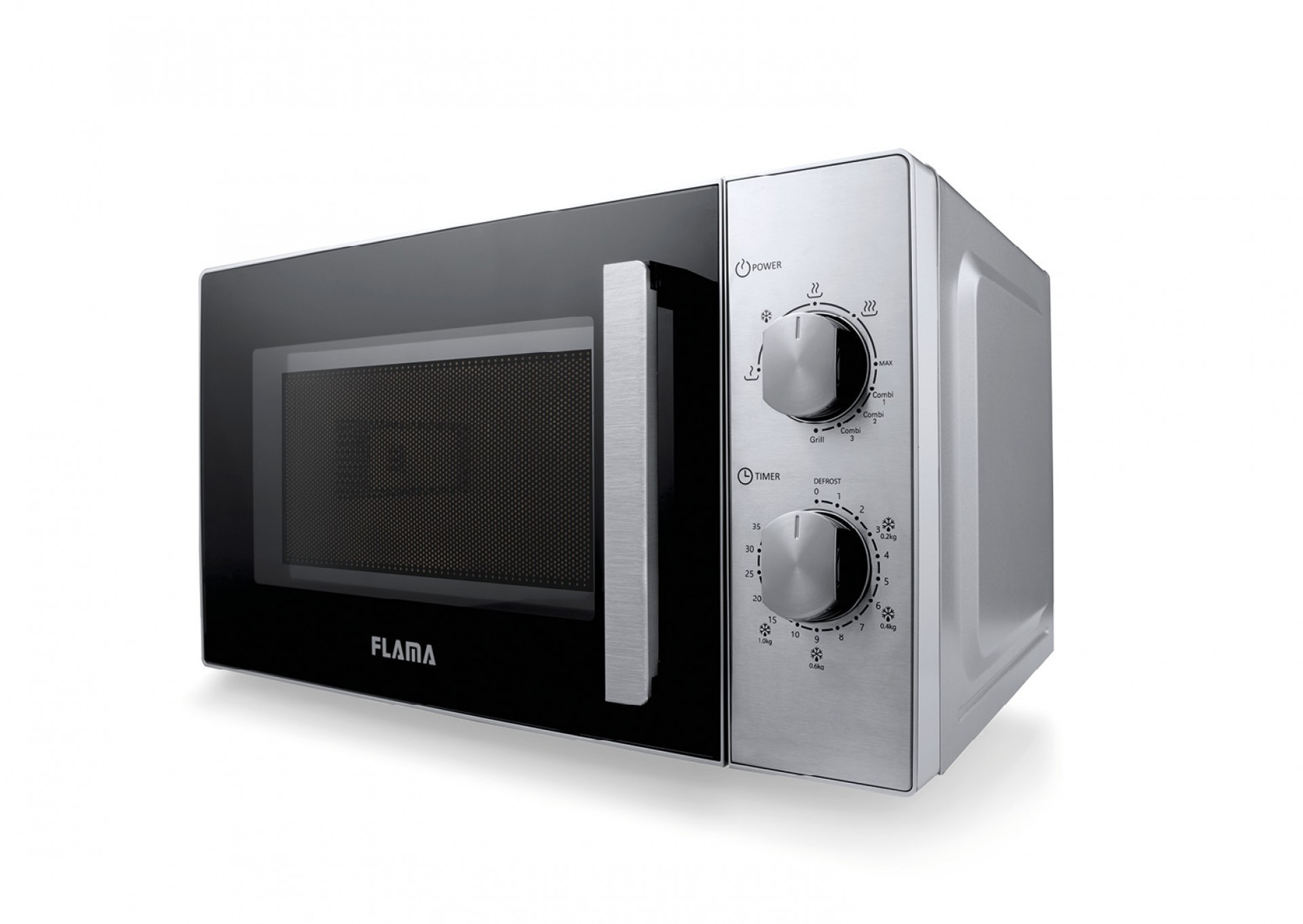 Un horno microondas plateado. Puerta negra, panel de control con diales de potencia y temporizador.