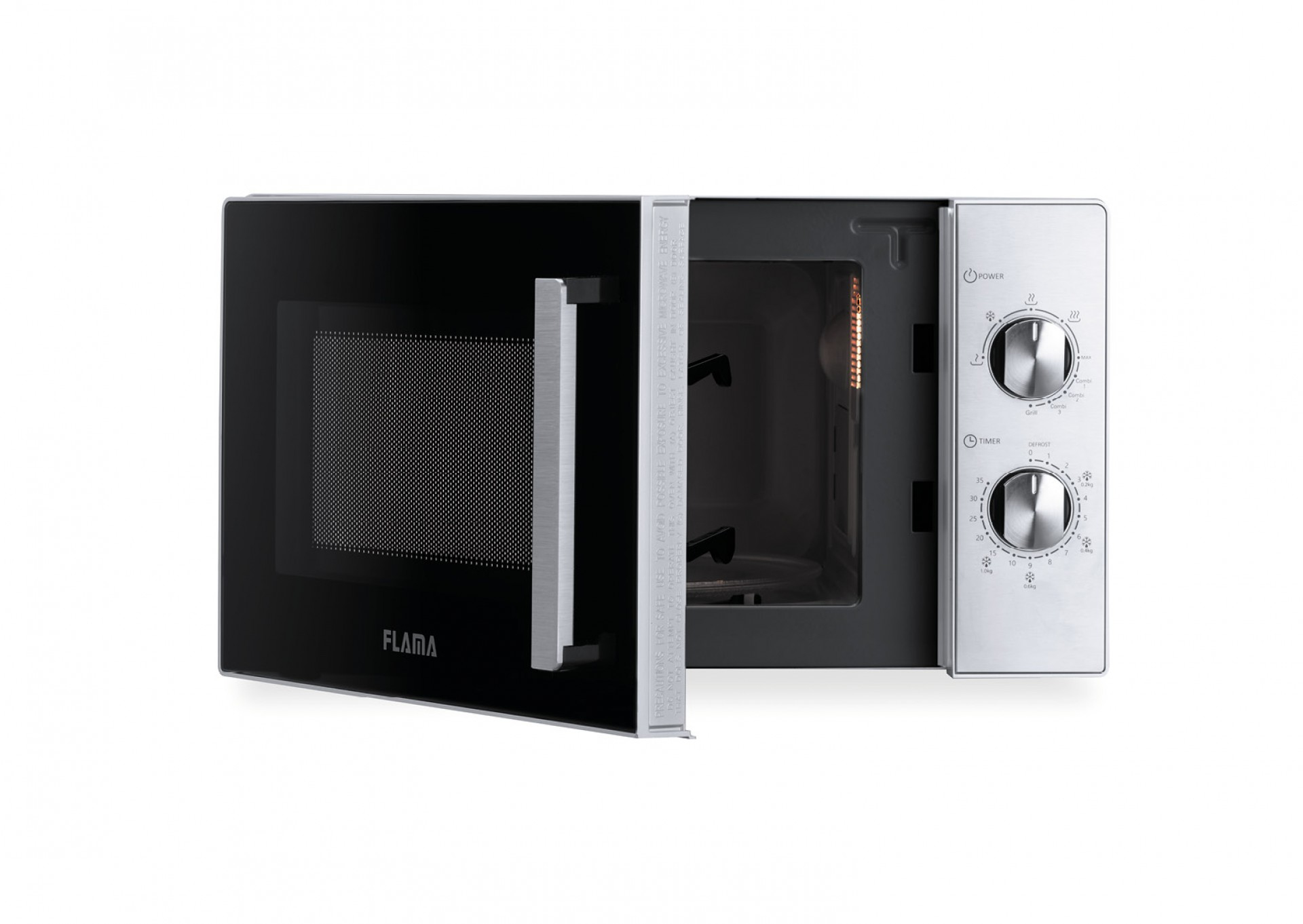 Horno microondas negro con la puerta abierta, mostrando el interior y el panel de control.