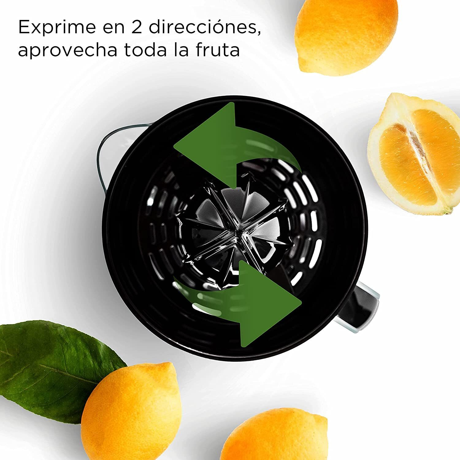 Exprimidor de cítricos con limones y flechas verdes indicando direcciones.