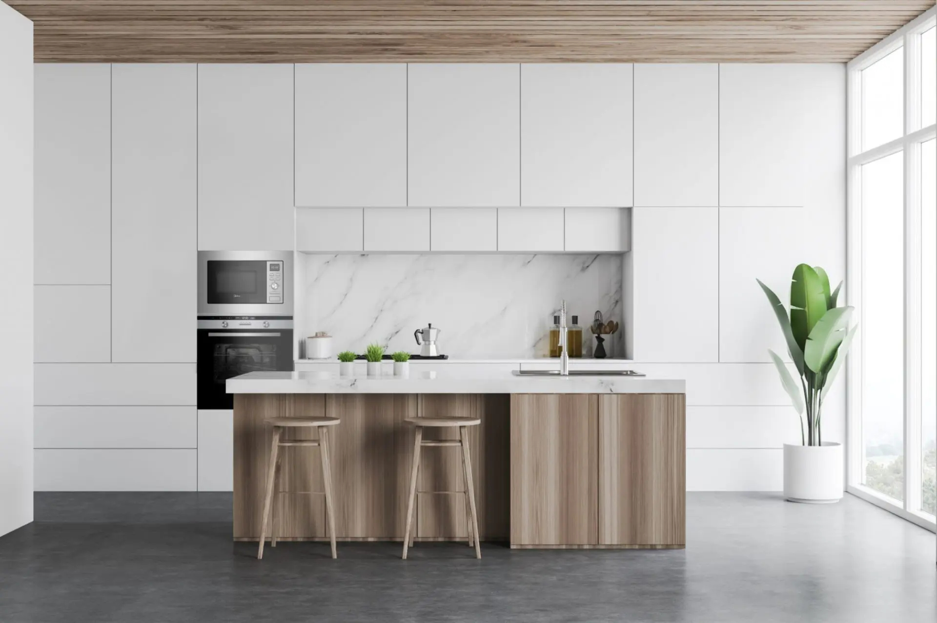 Interior de cocina moderna con gabinetes blancos, isla de madera y una ventana grande.