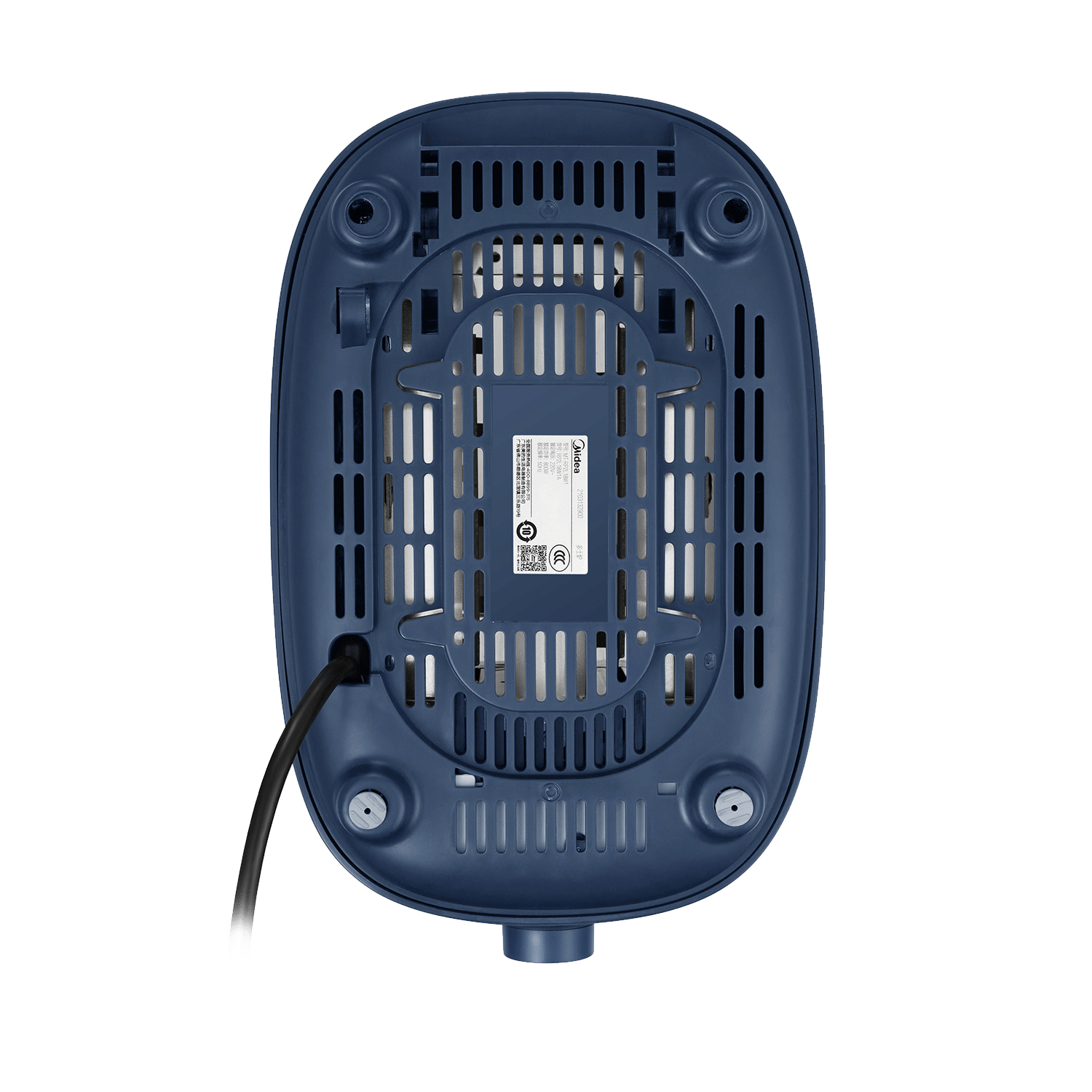 De onderkant van een blauwe airfryer met ventilatieopeningen en een netsnoer.
