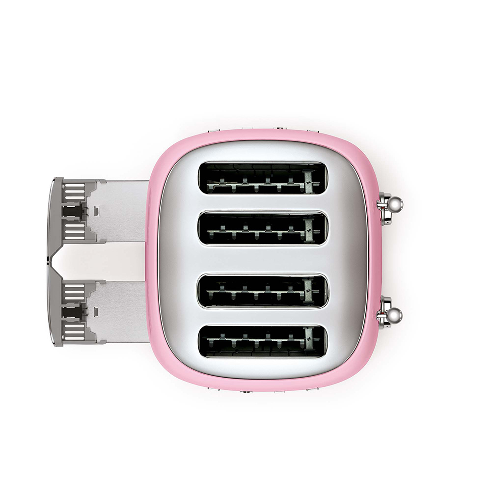 Zbliżenie panelu sterowania tostera. Ma pokrętło z numerami i przyciskami do rozmrażania i podgrzewania.