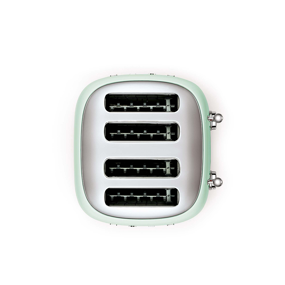 Draufsicht auf einen mintgrünen und silbernen Vier-Schlitz-Toaster auf weißer Oberfläche.