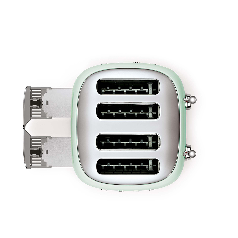 Grüner und silberner Vier-Scheiben-Toaster, Draufsicht, auf weißer Oberfläche.