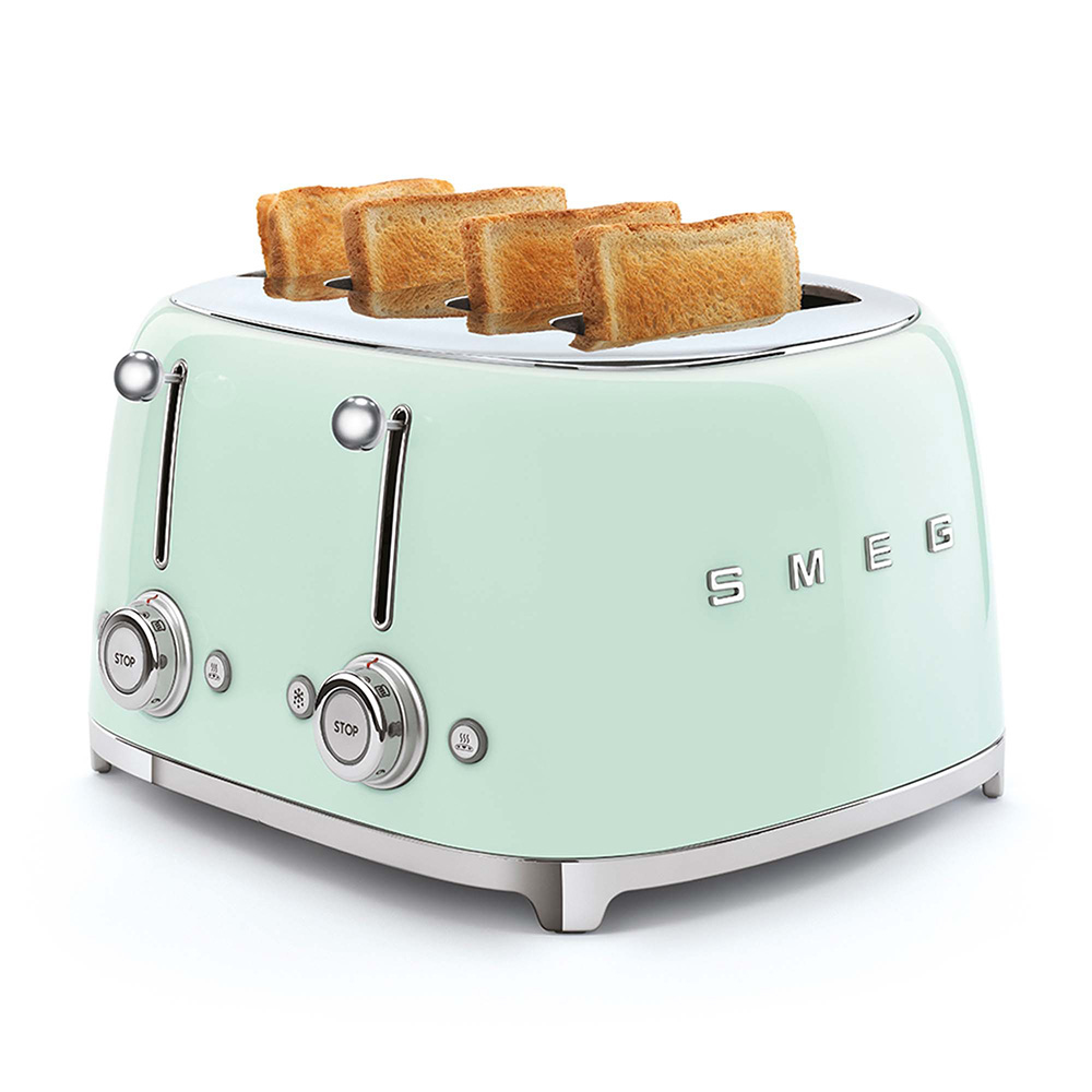 Ein mintgrüner SMEG-Toaster mit vier Toastscheiben, Chromakzenten und Bedienknöpfen.