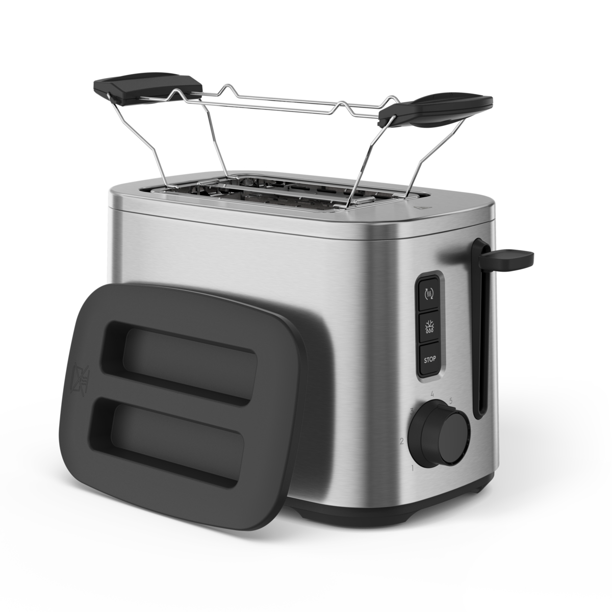 Toaster aus Edelstahl mit schwarzen Akzenten. Eine schwarze Krümelschublade daneben.