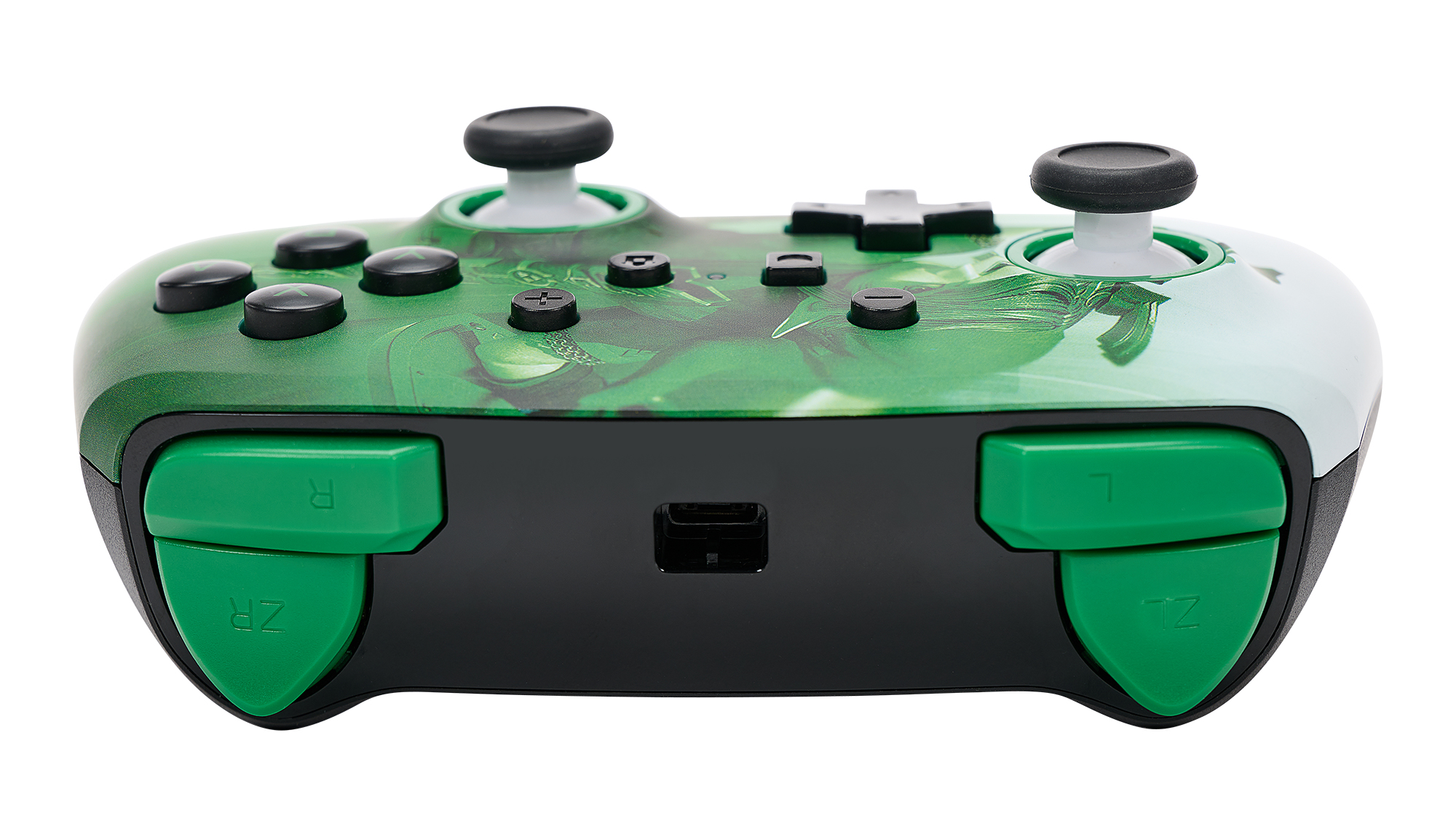 Grüner und schwarzer Gamecontroller. Grüne Joysticks und Tasten, USB-Anschluss.