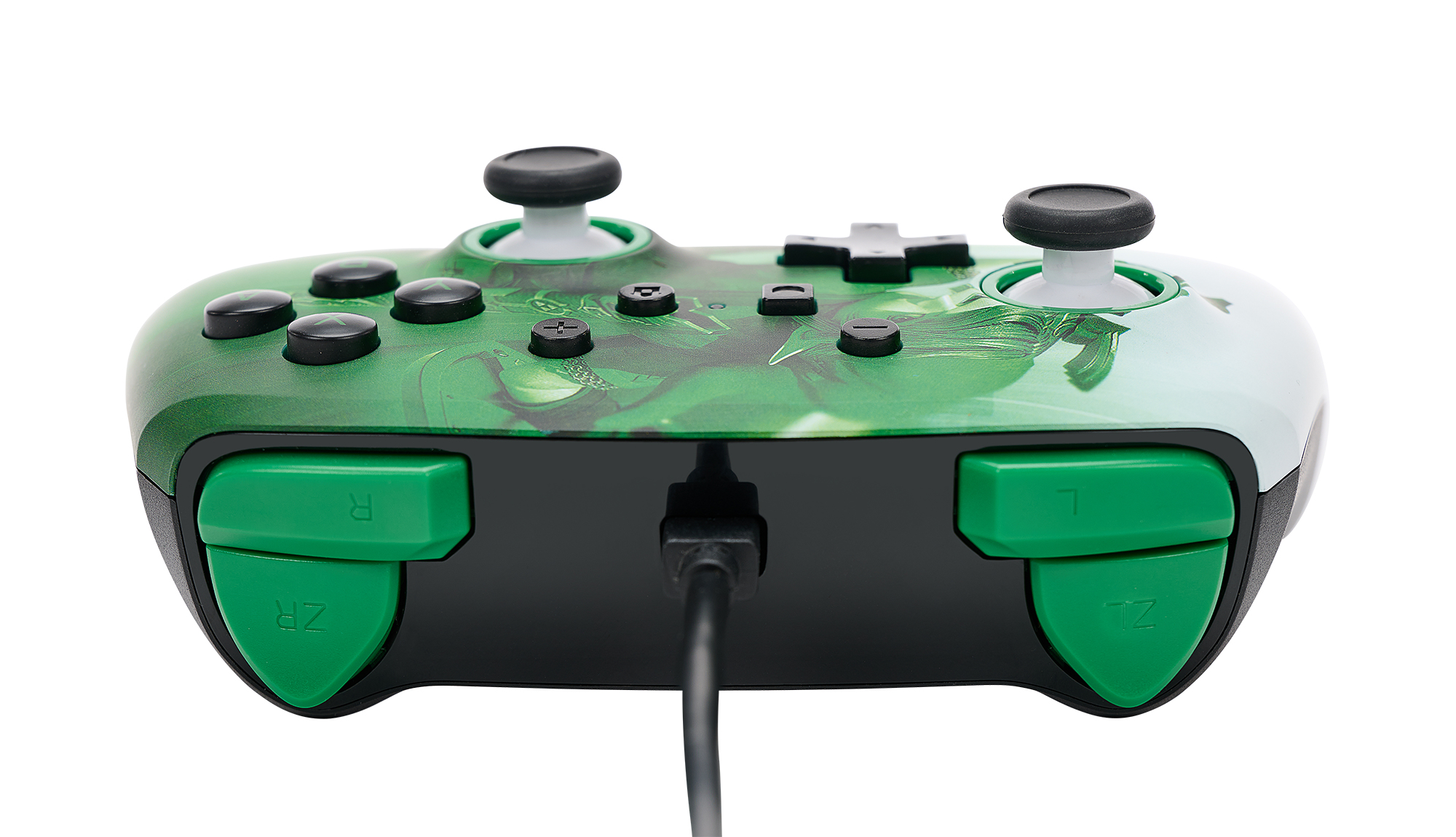 Grün-schwarzer Videospiel-Controller mit Knöpfen. Die Knöpfe sind schwarz und grün. Ein Kabel ist befestigt.