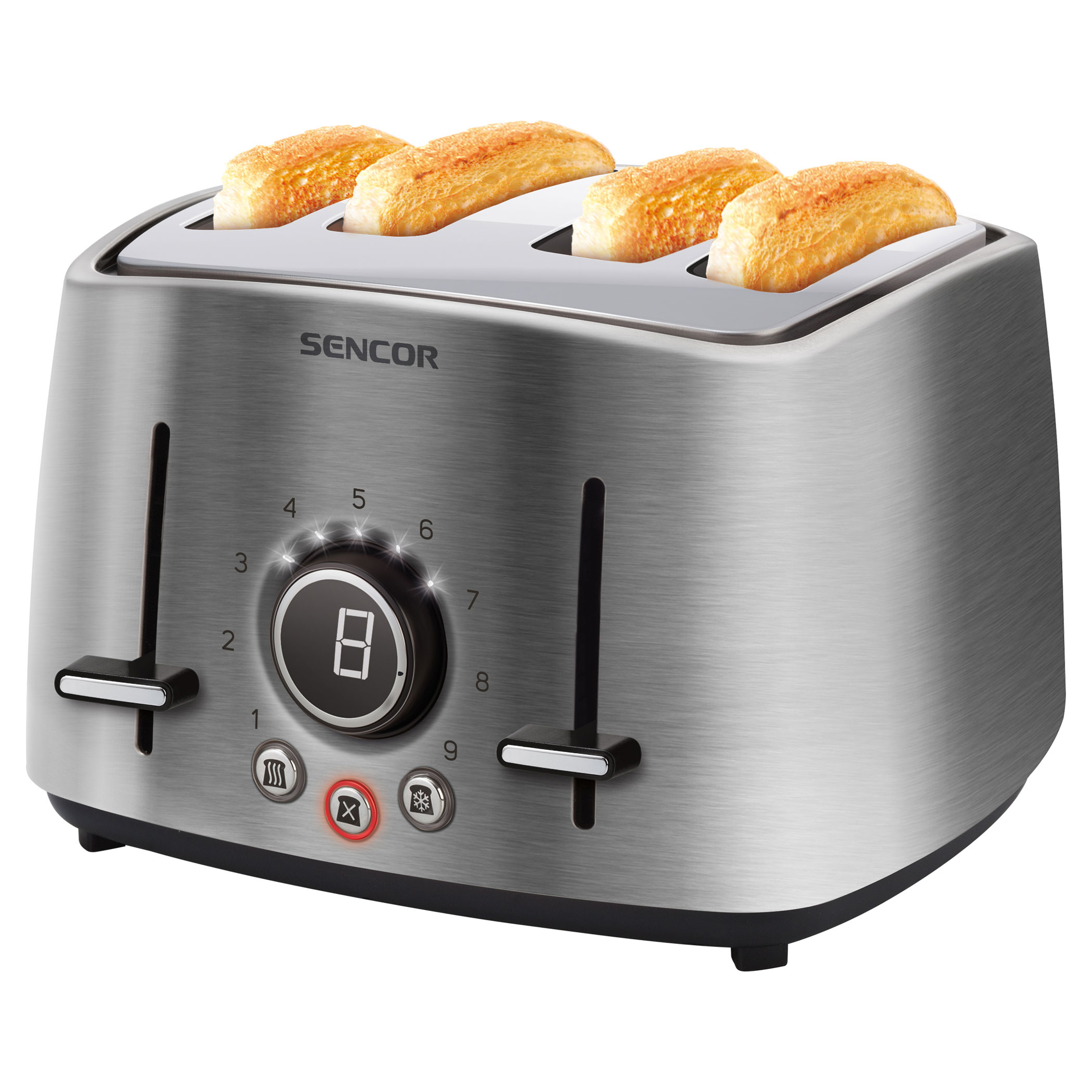 Tostapane argentato con quattro fessure, pane e display del timer digitale.