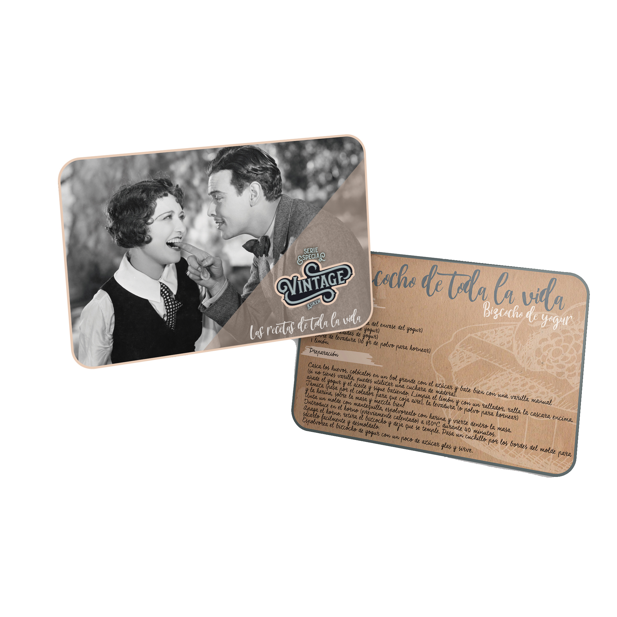 Karta w stylu vintage z parą i tekstem o cieście jogurtowym.