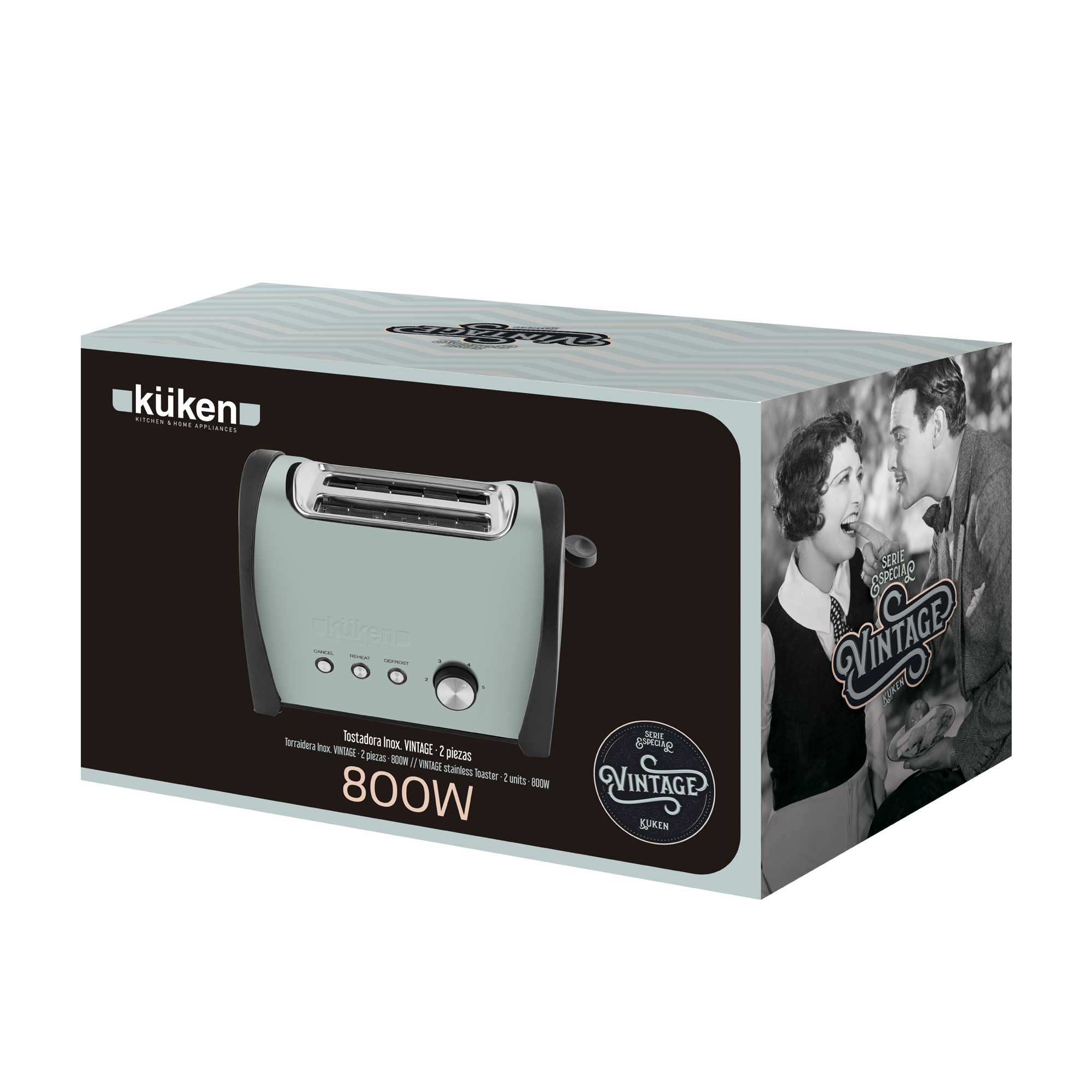 Pudełko na toster w stylu vintage z parą z boku. Toster jest zielony.