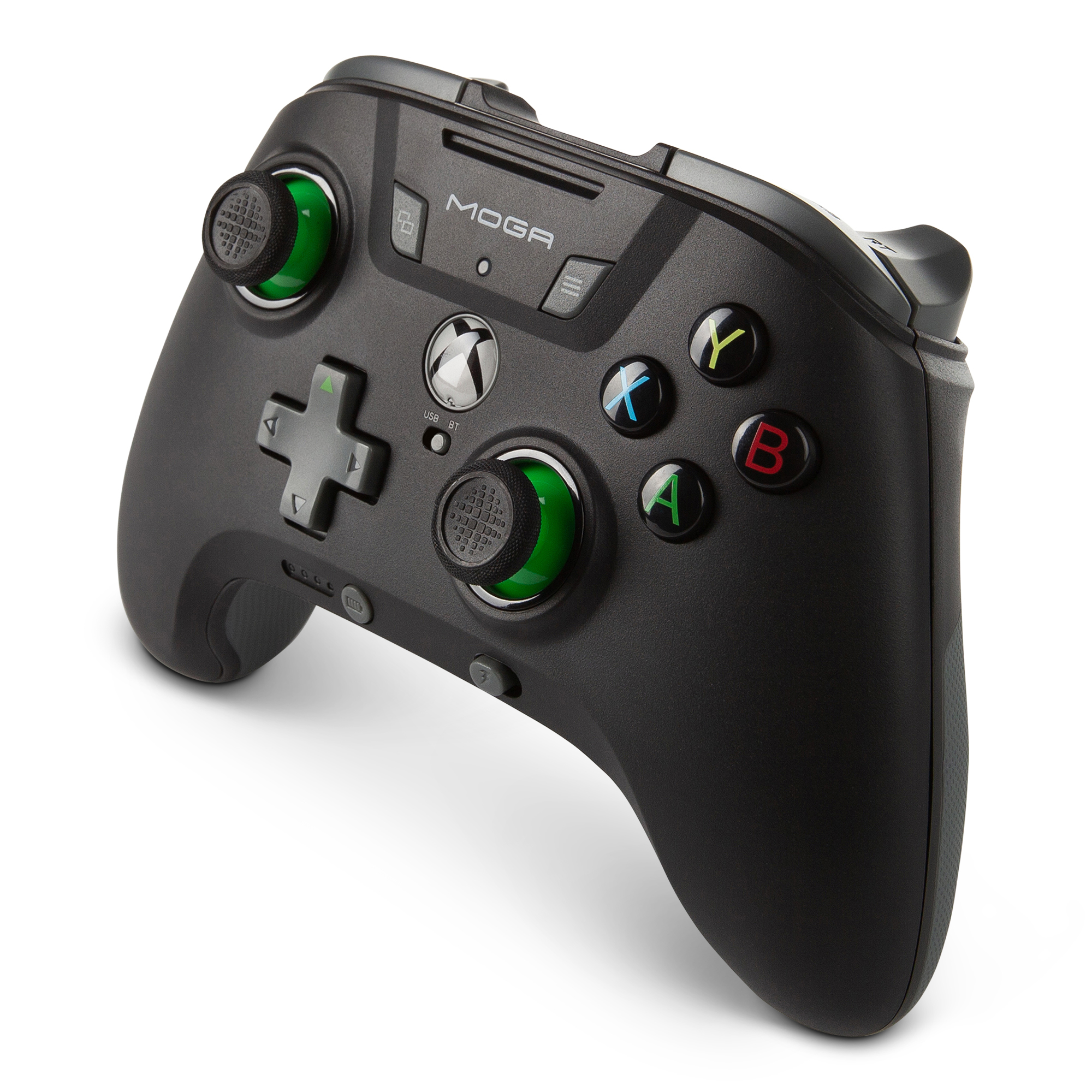 Un mando MOGA Xbox negro con botones verdes y grises.