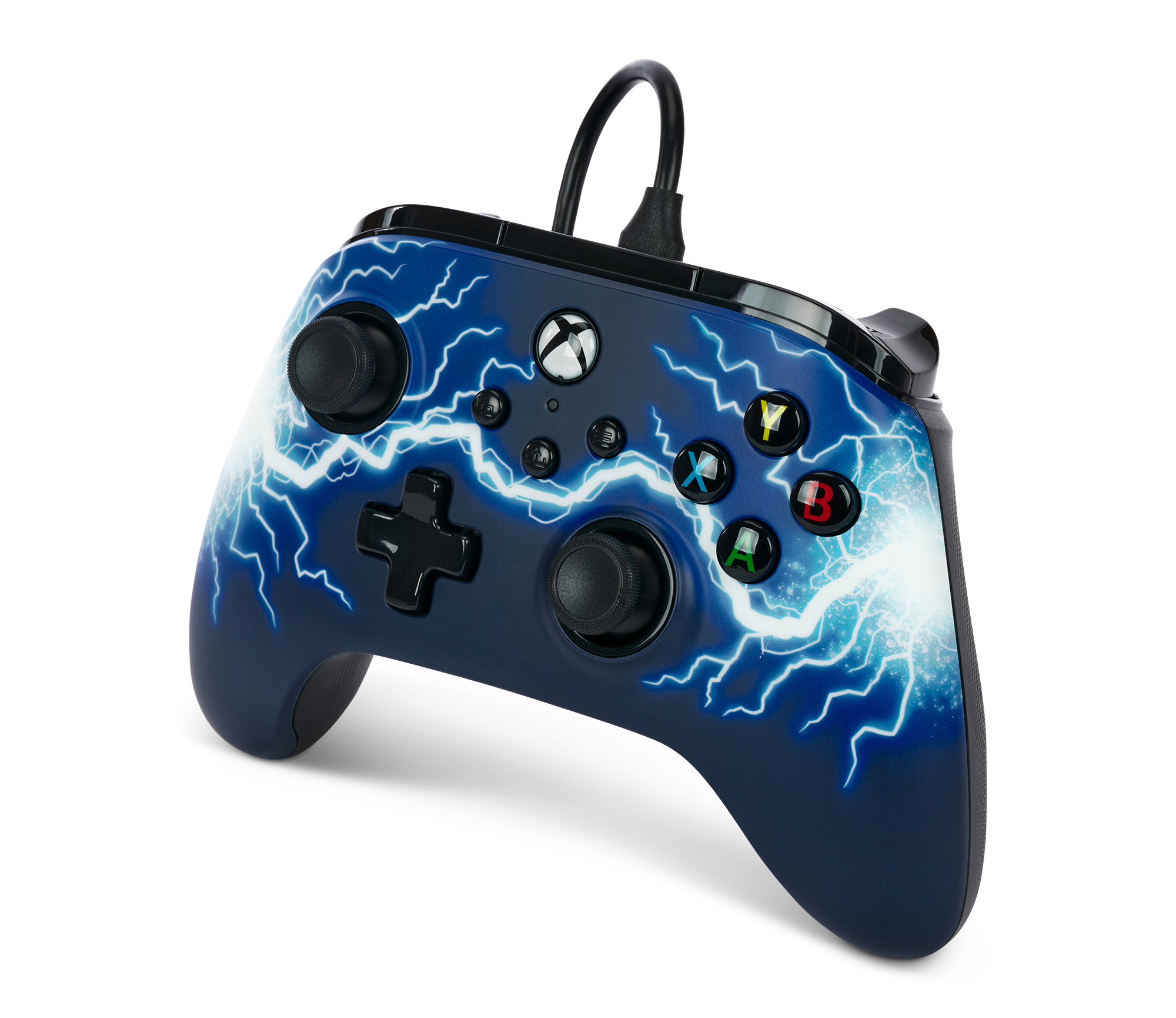 Ein blauer Gamecontroller mit weißen Blitzschlägen und verschiedenen Tasten.