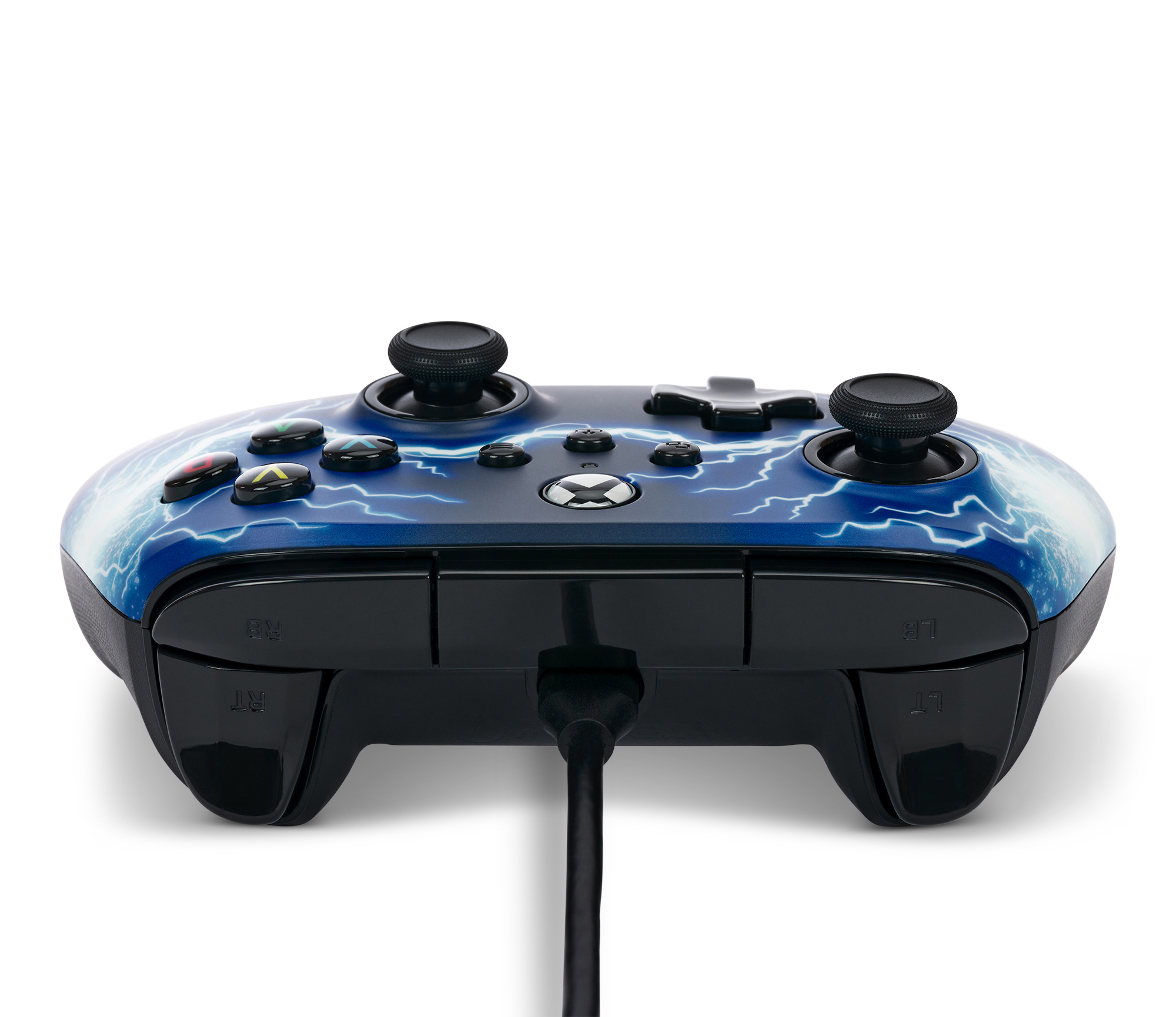 Xbox-Controller mit blauem Blitzdesign. Der Controller hat schwarze Tasten und Joysticks.