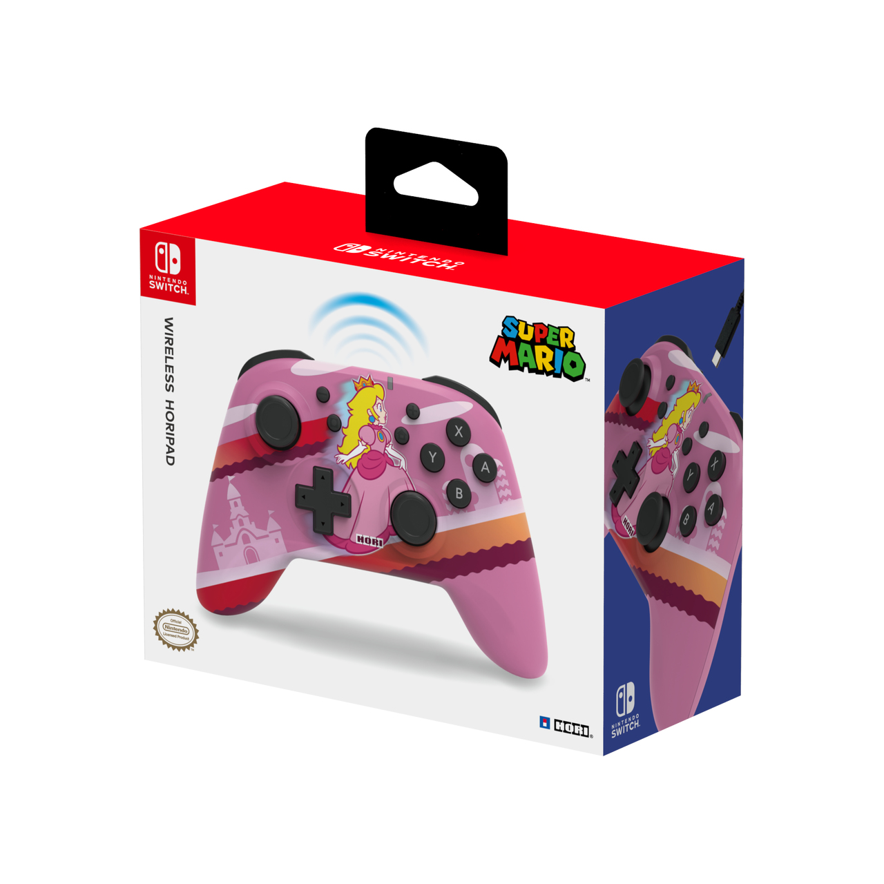 Controller wireless rosa di Super Mario in una scatola. La scatola ha un design rosso e blu.