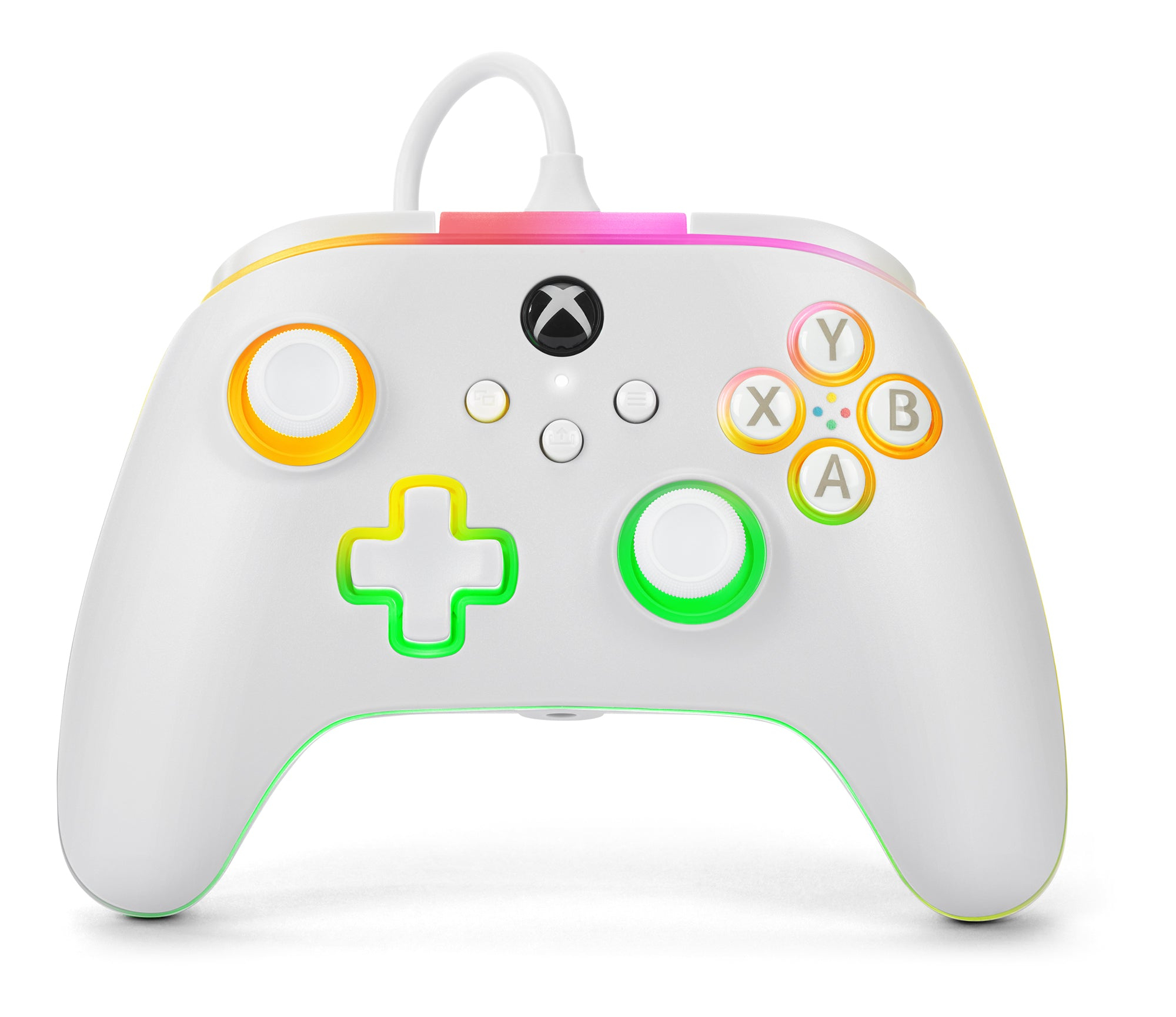 Biały kontroler Xbox z kolorowymi przyciskami i akcentami. Podłączony do białego kabla.