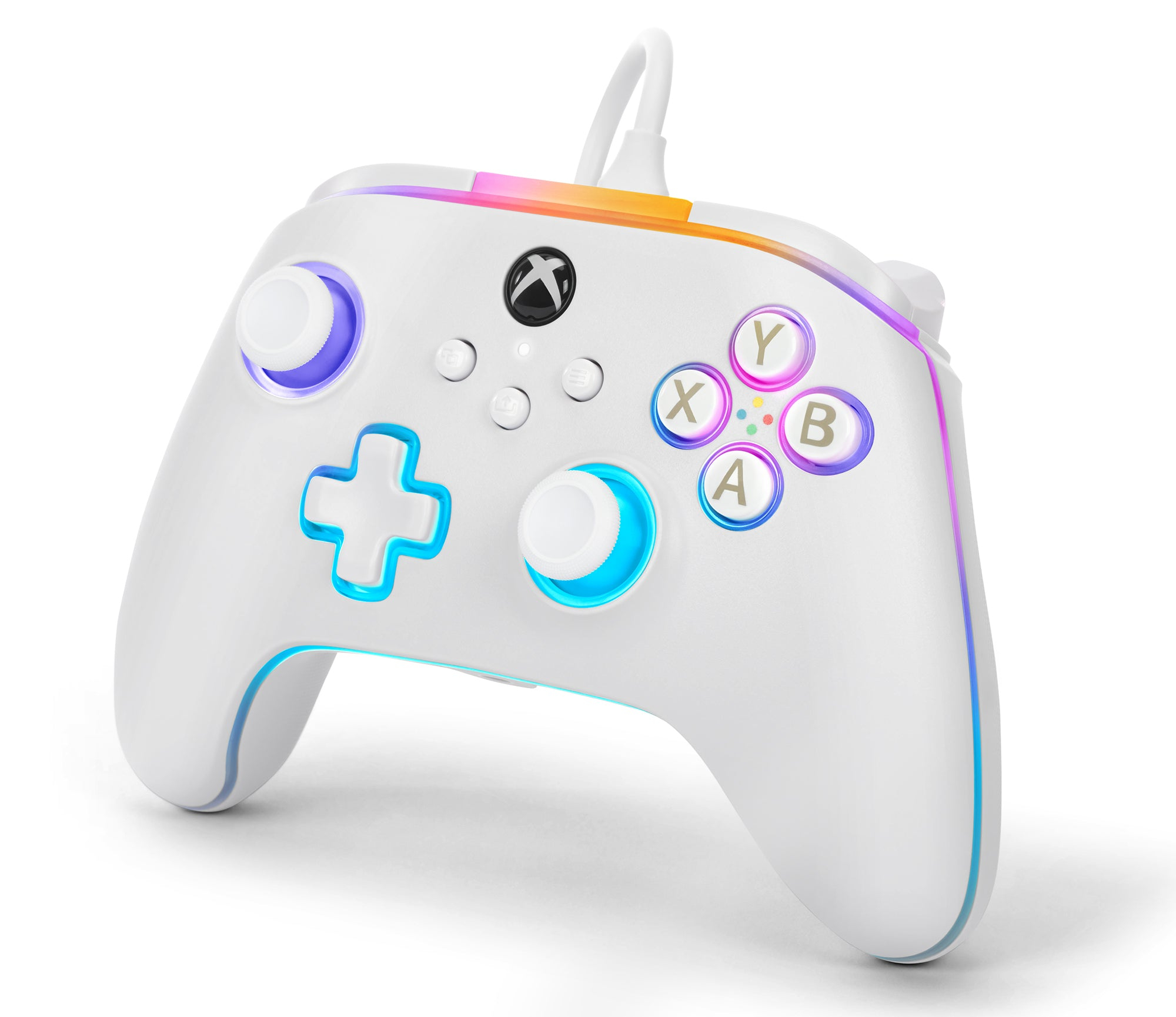 Biały kontroler Xbox z wielokolorowymi światłami. Logo Xbox. Przyciski są wielokolorowe.