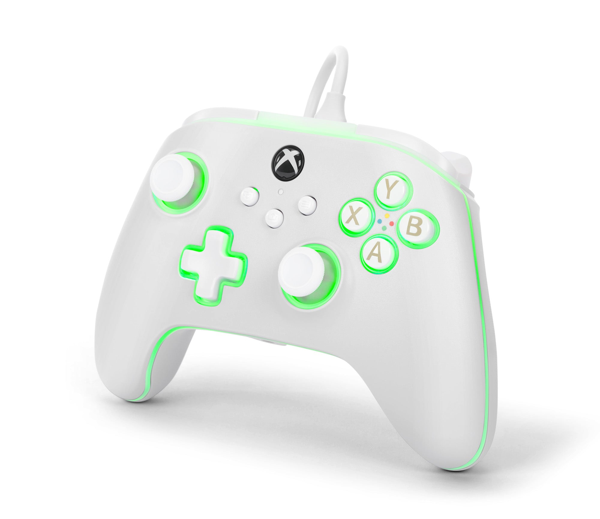 Biały kontroler Xbox z zielonymi przyciskami i światłami. Posiada kabel do podłączenia.