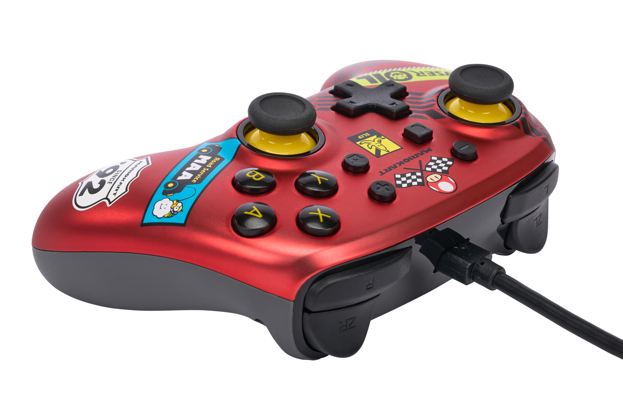 Rode Nintendo Switch controller met Mario Kart stickers, knoppen en zwarte USB kabel.