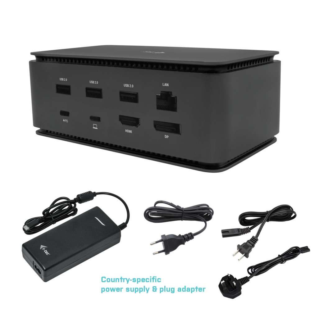 Docking station i-tec nera con più porte. Include alimentatore con diversi adattatori per spina.