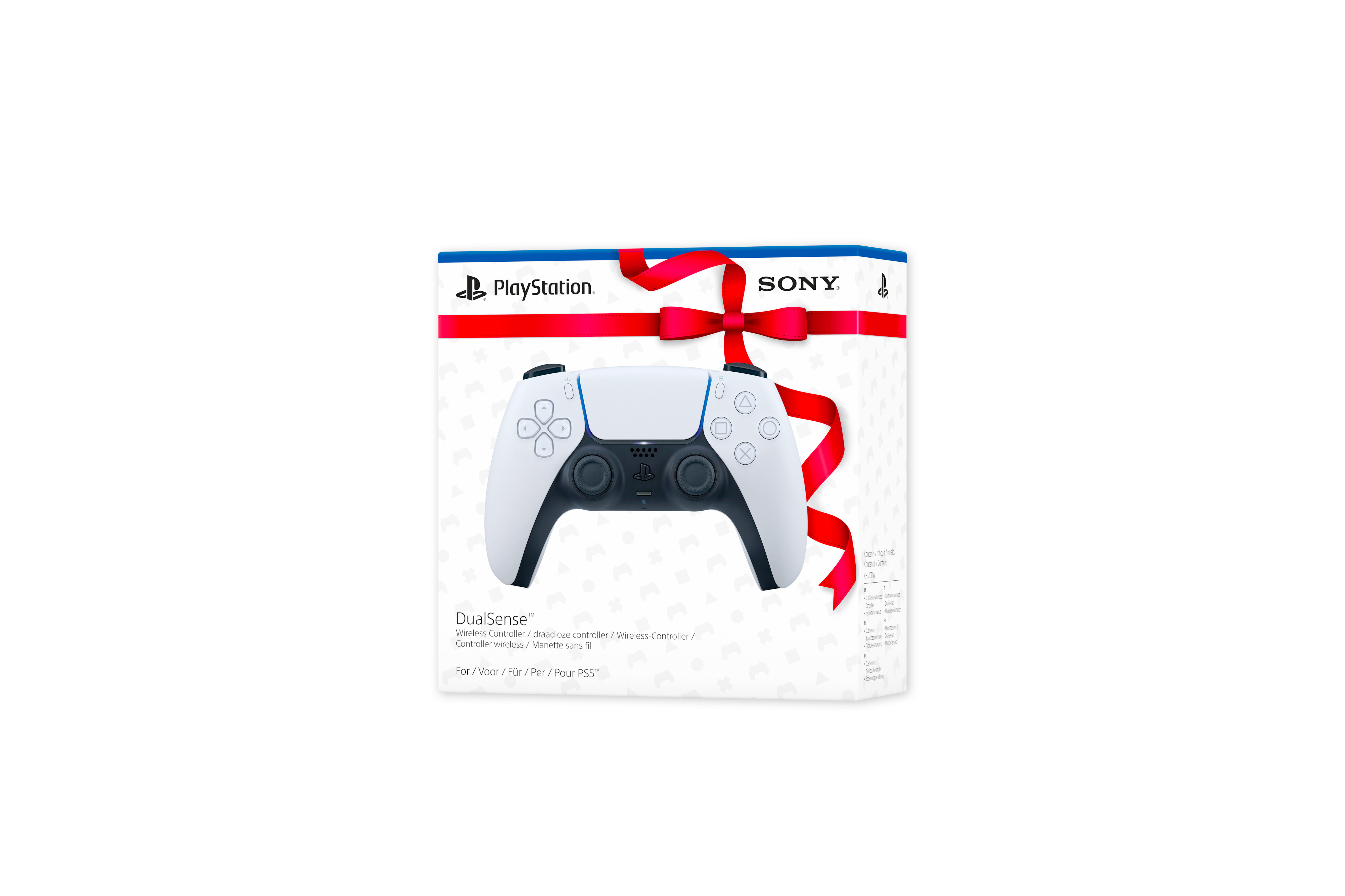 Białe pudełko kontrolera PlayStation z czerwoną wstążką i logo marki.