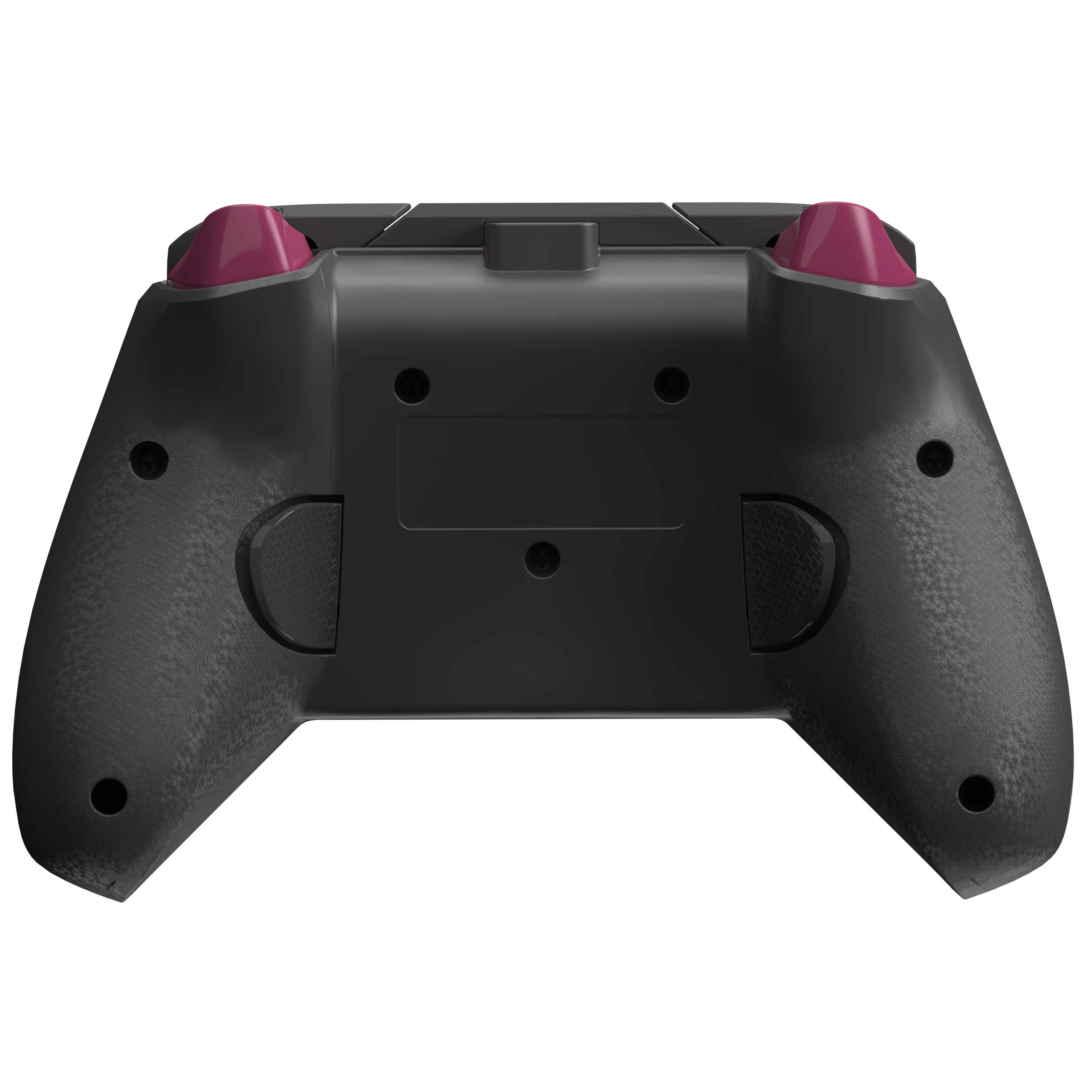 Spód czarnego gamepada z różowymi gałkami analogowymi.