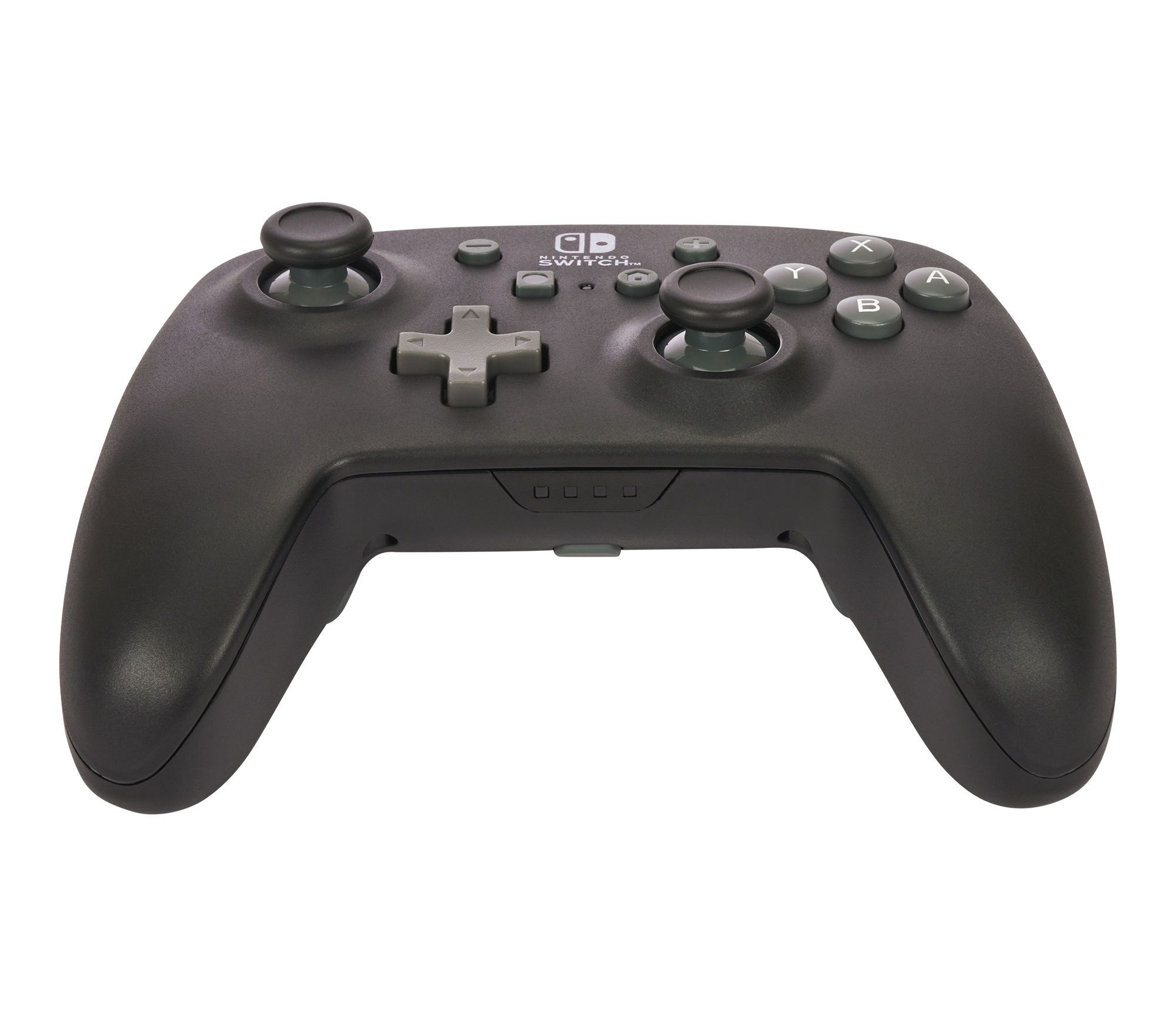 Czarny kontroler do gier z szarymi przyciskami i szarą krzyżową nakładką kierunkową.